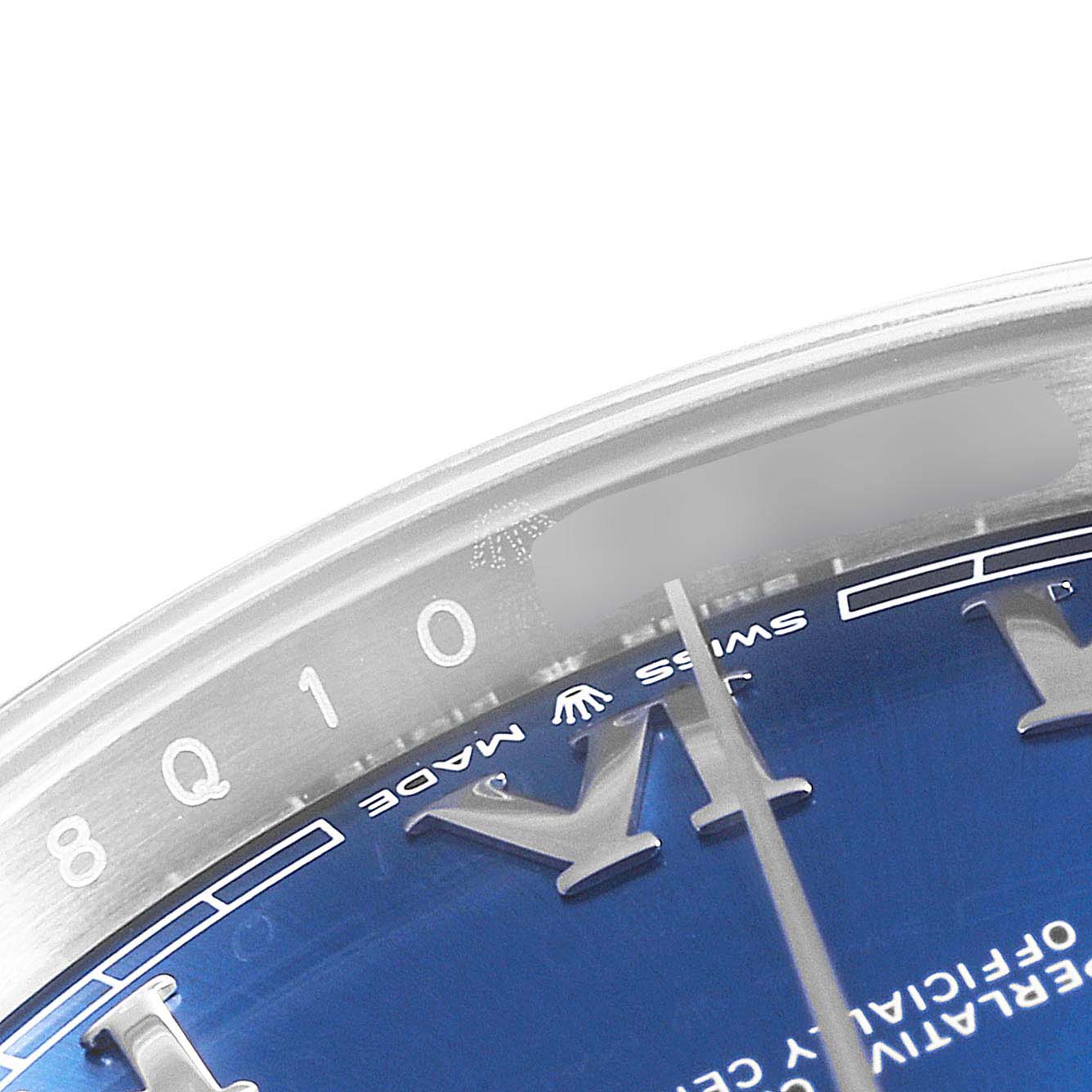 This close-up angle of the Rolex Datejust 41 126300 Men's Stainless Steel Blue Dial 126300 Men's Stainless Steel Blue Dial watch shows the blue dial, Roman numeral markers, and part of the bezel.