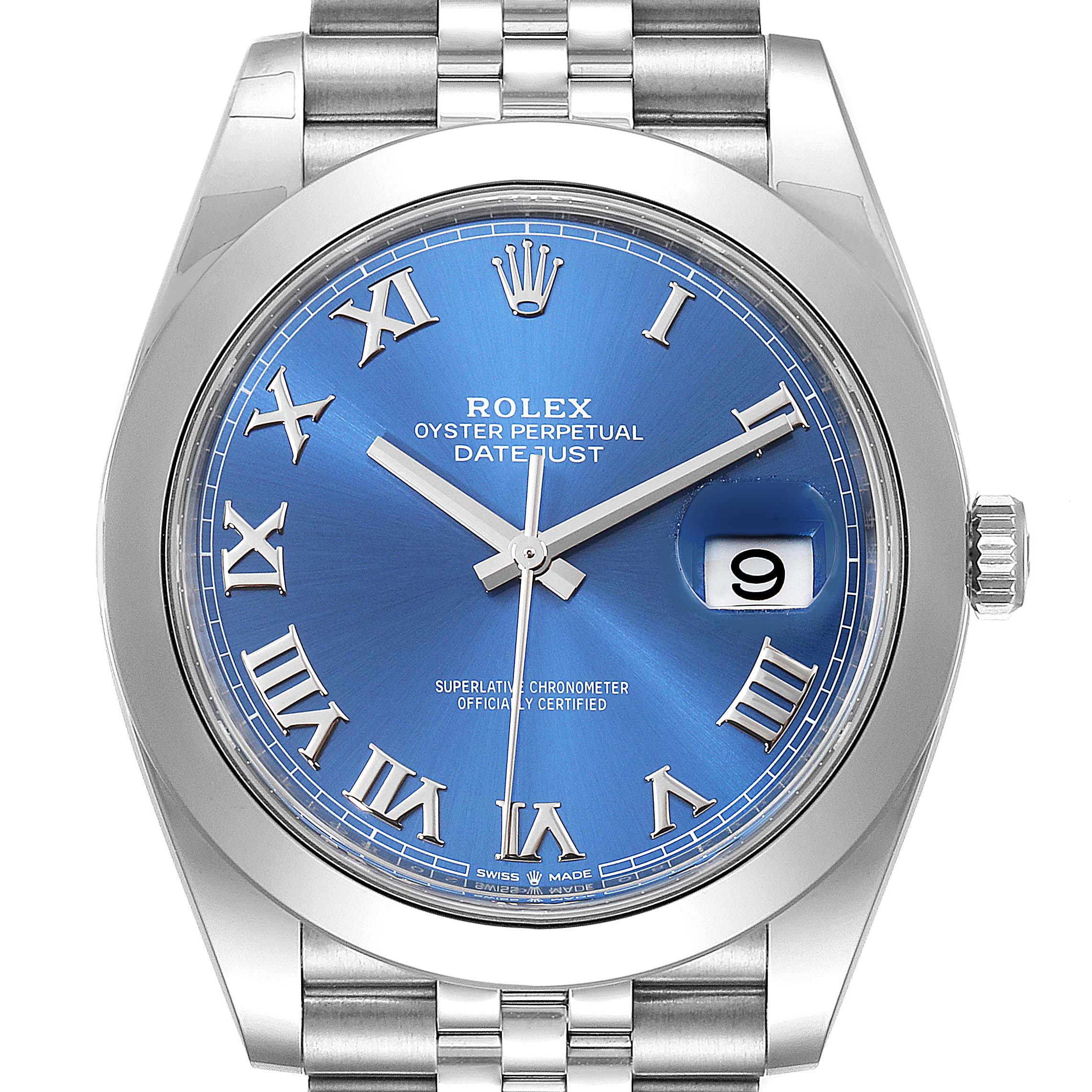 The image shows a front view of a Rolex Datejust 41 126300 Men's Stainless Steel Blue Dial 126300 Men's Stainless Steel Blue Dial watch with a blue dial and Roman numeral markers.