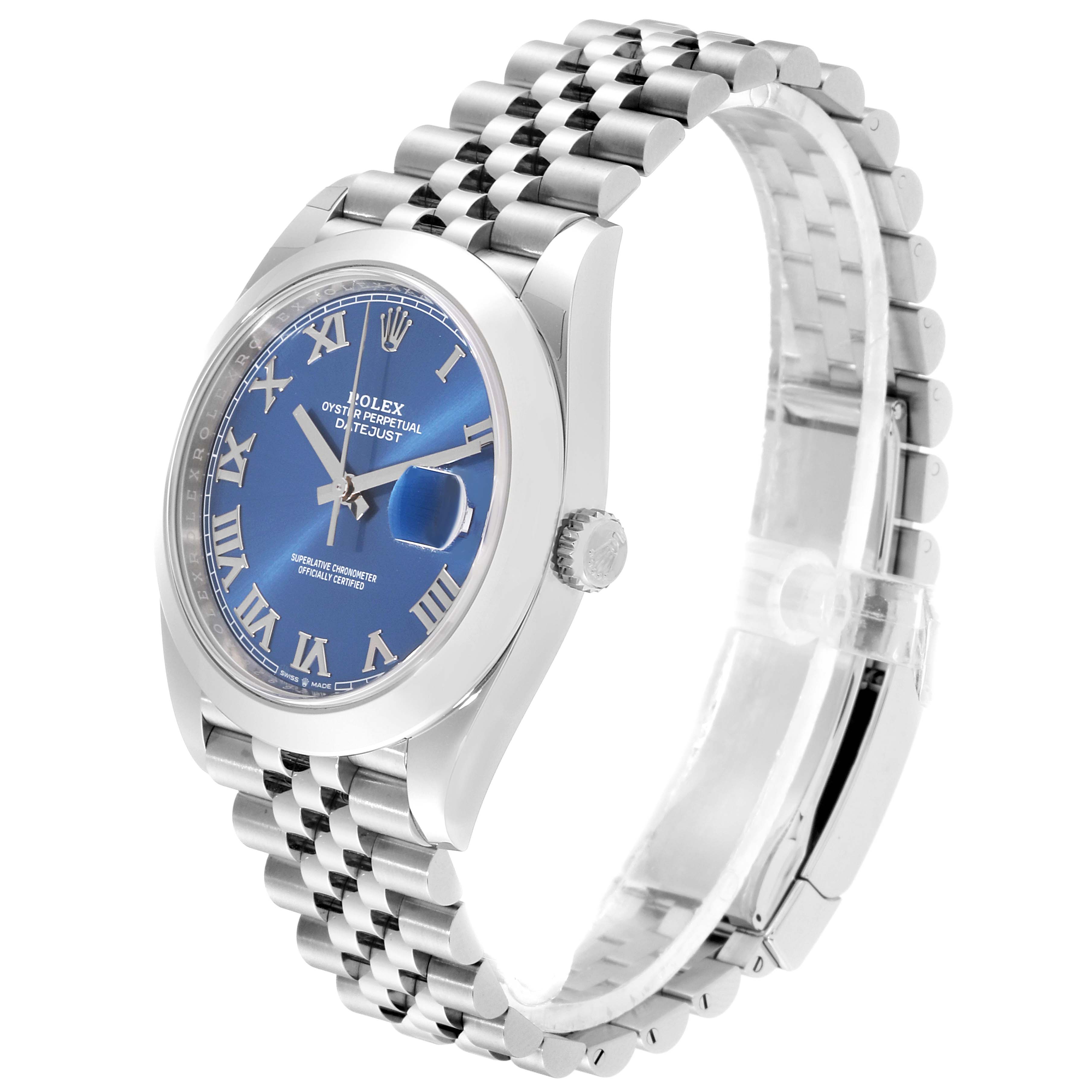 The Rolex Datejust 41 126300 Men's Stainless Steel Blue Dial 126300 Men's Stainless Steel Blue Dial model is shown from a left front angle, highlighting its blue Roman numeral dial and jubilee bracelet.
