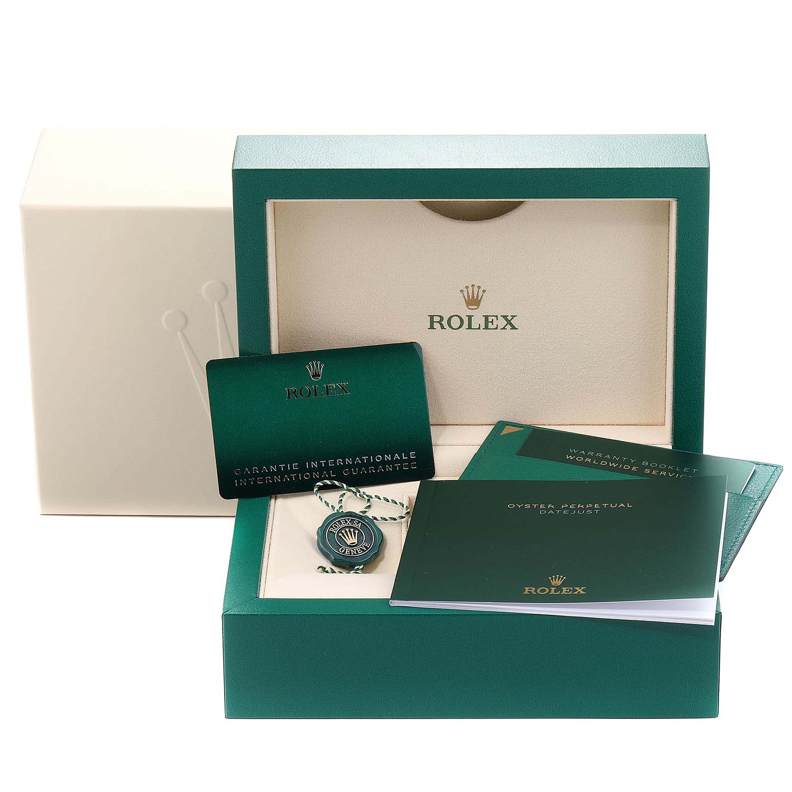The image shows the packaging, guarantee card, and booklets for a Rolex Datejust 41 126300 Men's Stainless Steel Blue Dial 126300 Men's Stainless Steel Blue Dial watch, with no watch visible.