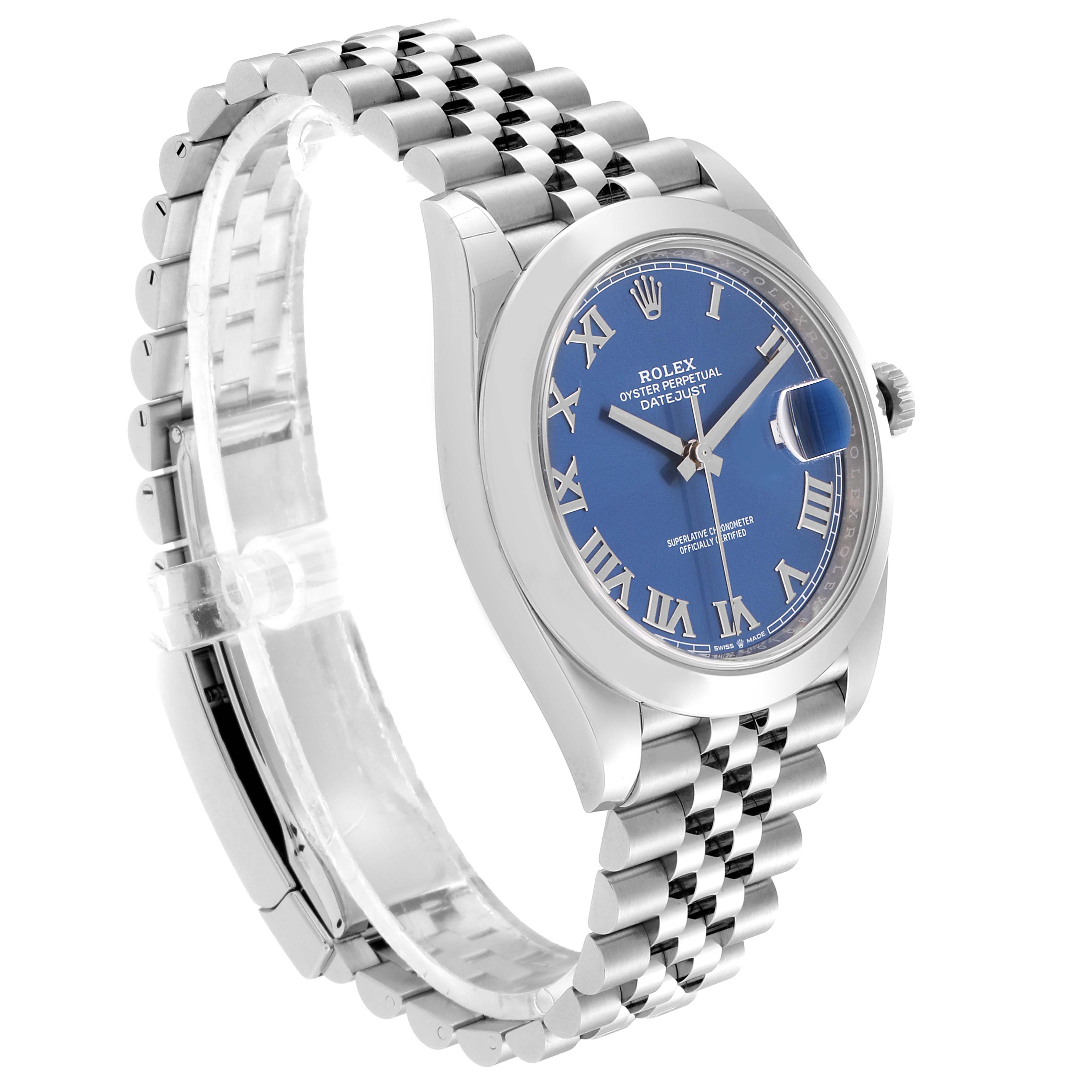 The image shows a three-quarter side view of a Rolex Datejust 41 126300 Men's Stainless Steel Blue Dial 126300 Men's Stainless Steel Blue Dial watch, highlighting the dial, bezel, crown, and bracelet.