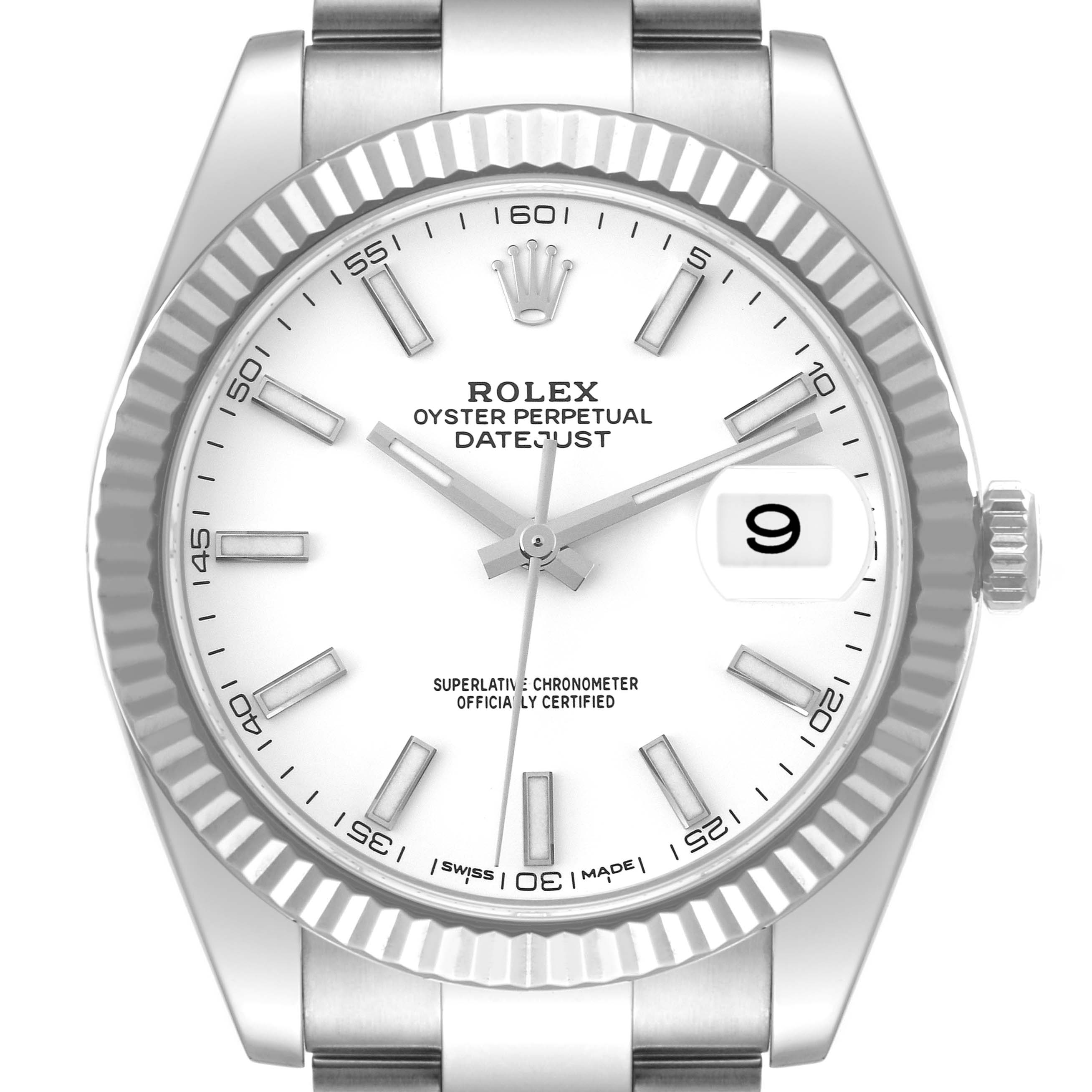The image shows a front view of a Rolex Datejust 41 126334 Men's Stainless Steel White Dial 126334 Men's Stainless Steel White Dial, highlighting the dial, date window, and fluted bezel.