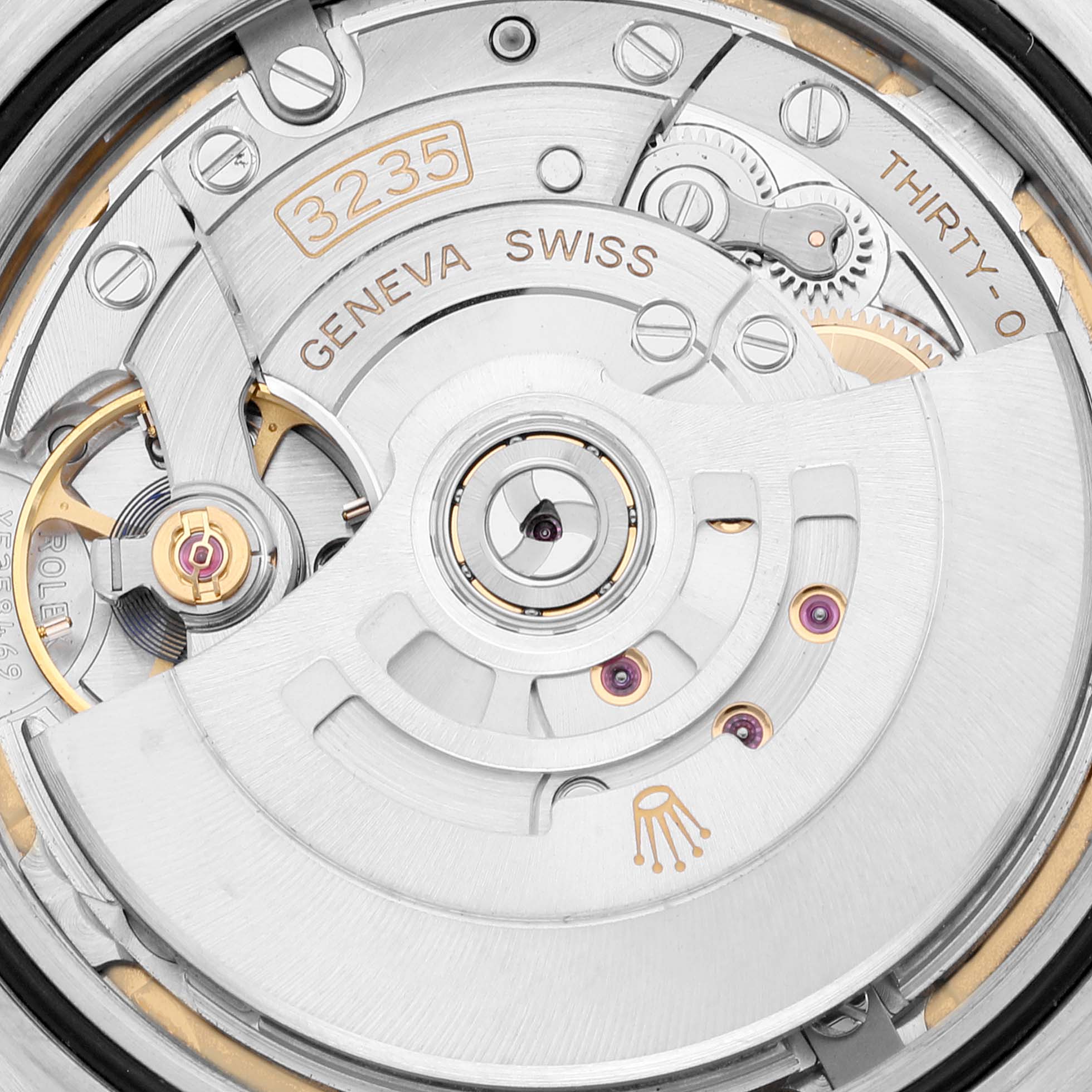 This image shows a close-up view of the movement mechanism inside a Rolex Datejust 41 126334 Men's Stainless Steel White Dial 126334 Men's Stainless Steel White Dial watch, specifically the caliber 3235.