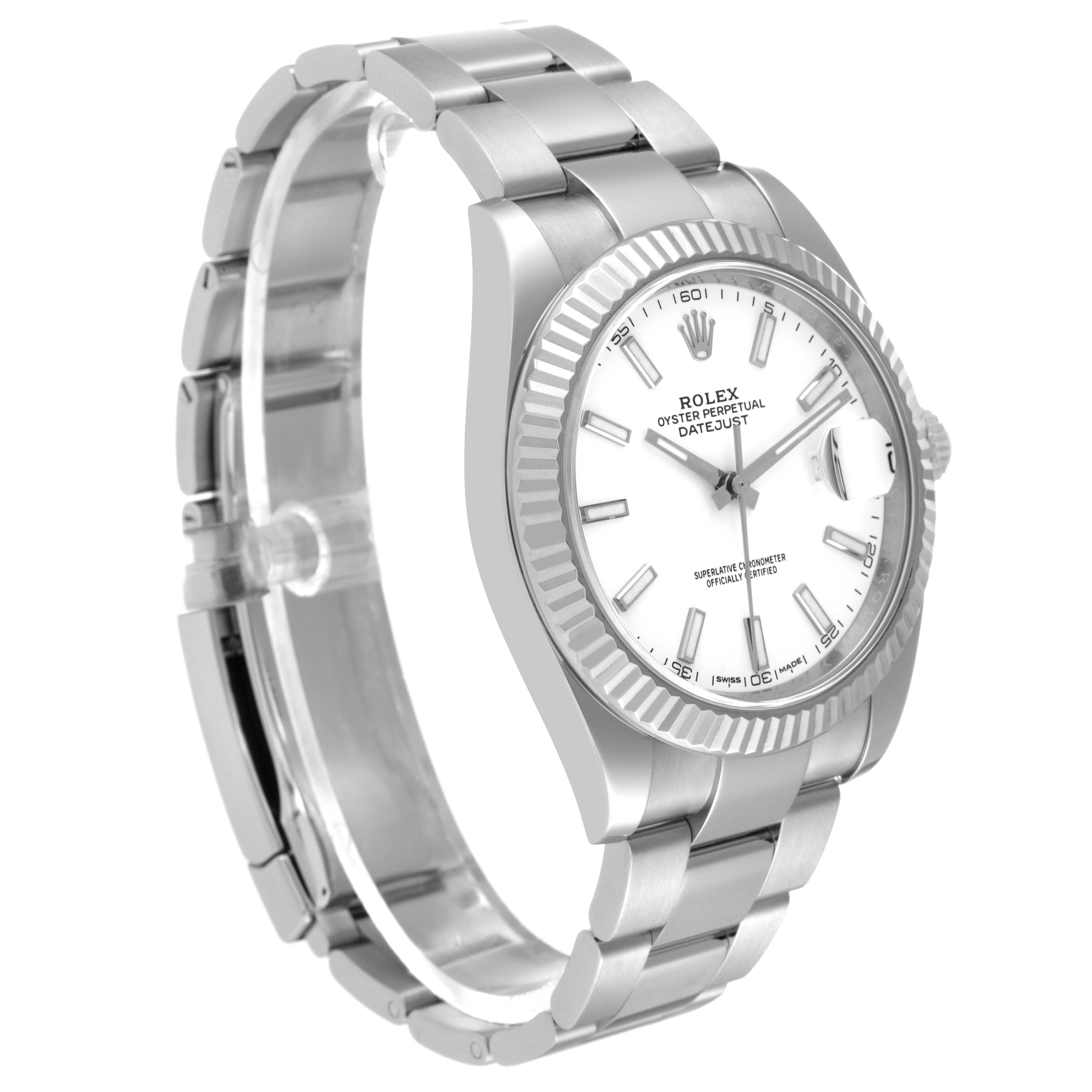 The Rolex Datejust 41 126334 Men's Stainless Steel White Dial 126334 Men's Stainless Steel White Dial model is shown at a three-quarter angle, highlighting the bracelet, case, bezel, and dial.