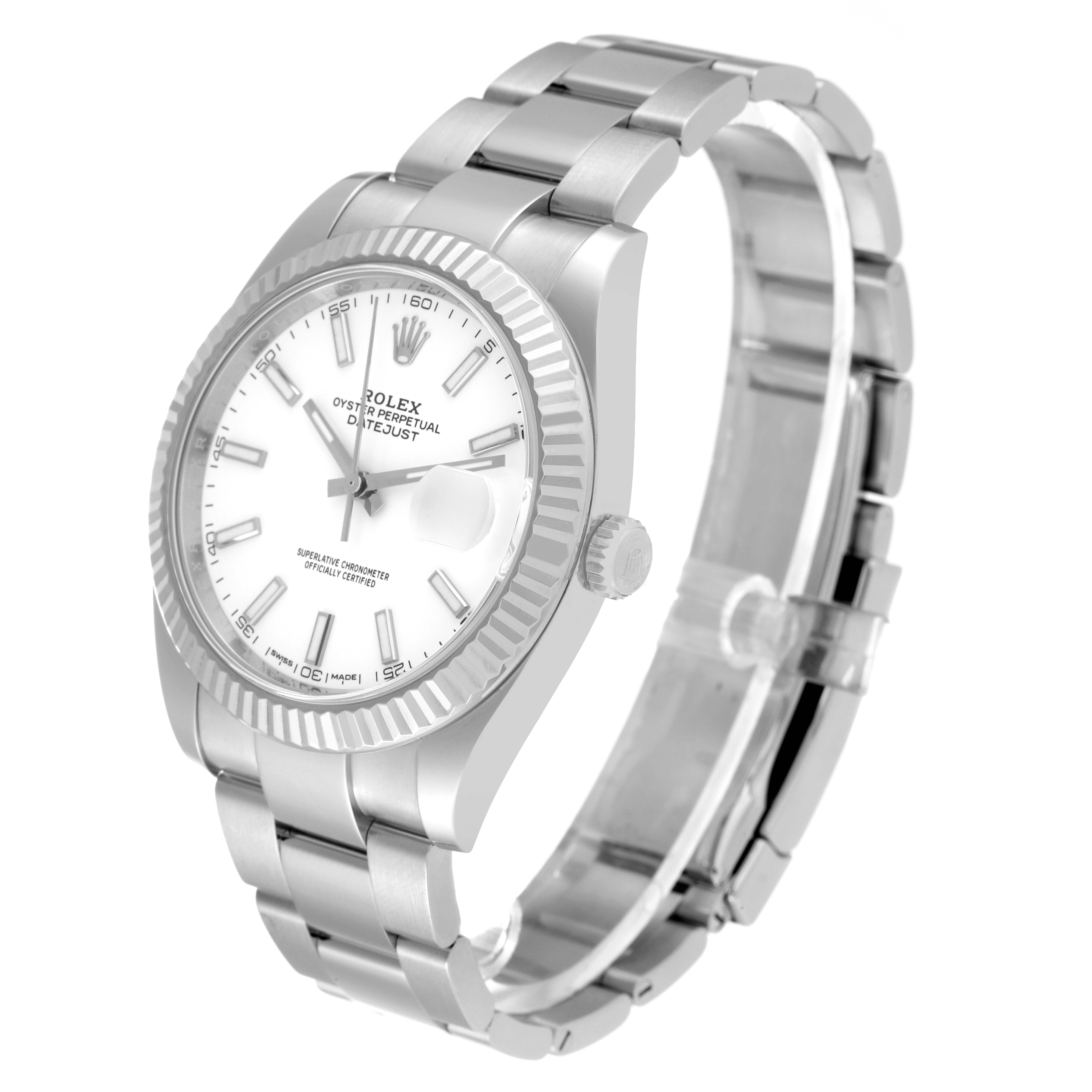 The image shows a Rolex Datejust 41 126334 Men's Stainless Steel White Dial 126334 Men's Stainless Steel White Dial watch at an angled view, highlighting the face, bezel, crown, and bracelet.