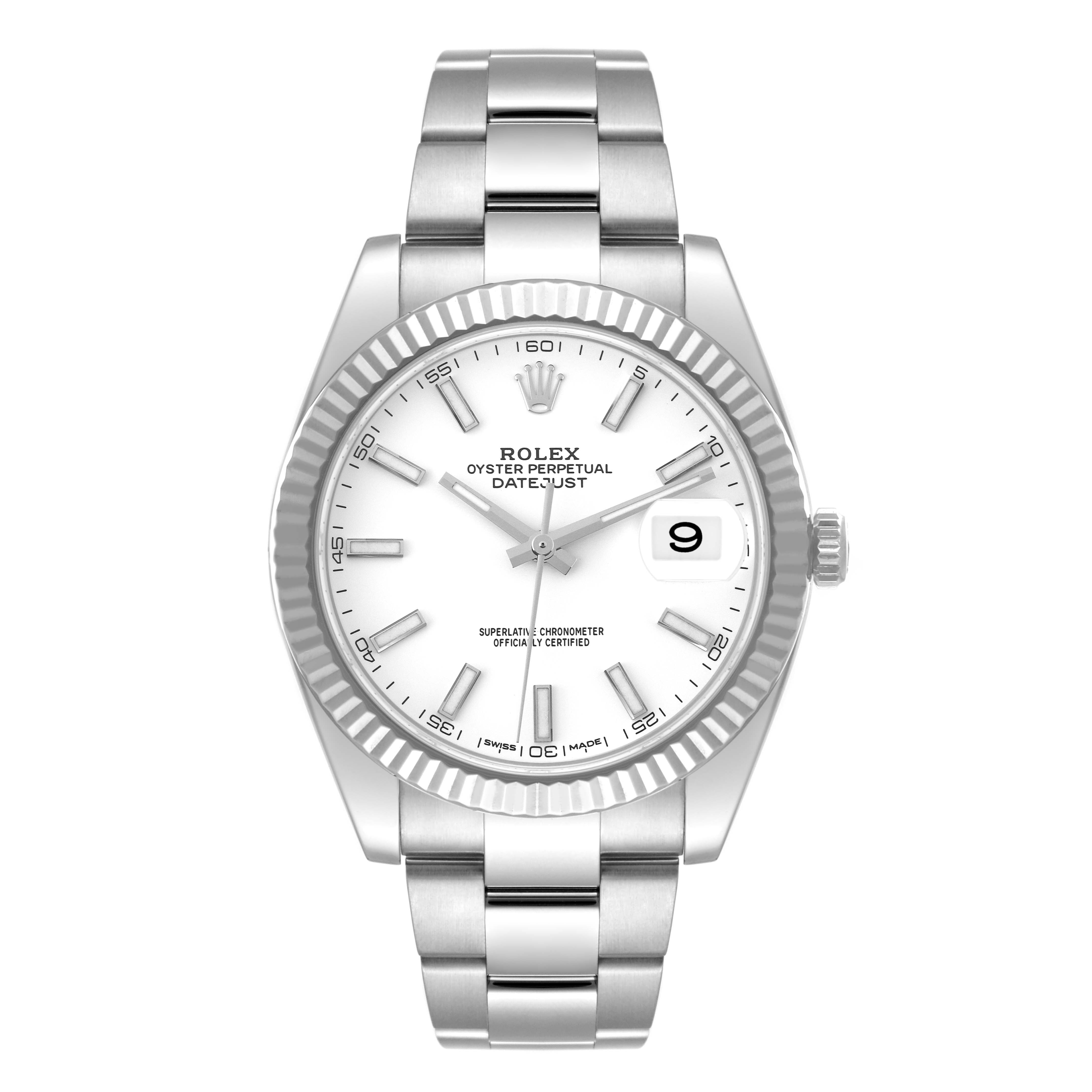 The image shows a frontal view of the Rolex Datejust 41 126334 Men's Stainless Steel White Dial 126334 Men's Stainless Steel White Dial watch, displaying its dial, hands, bezel, bracelet, and crown.