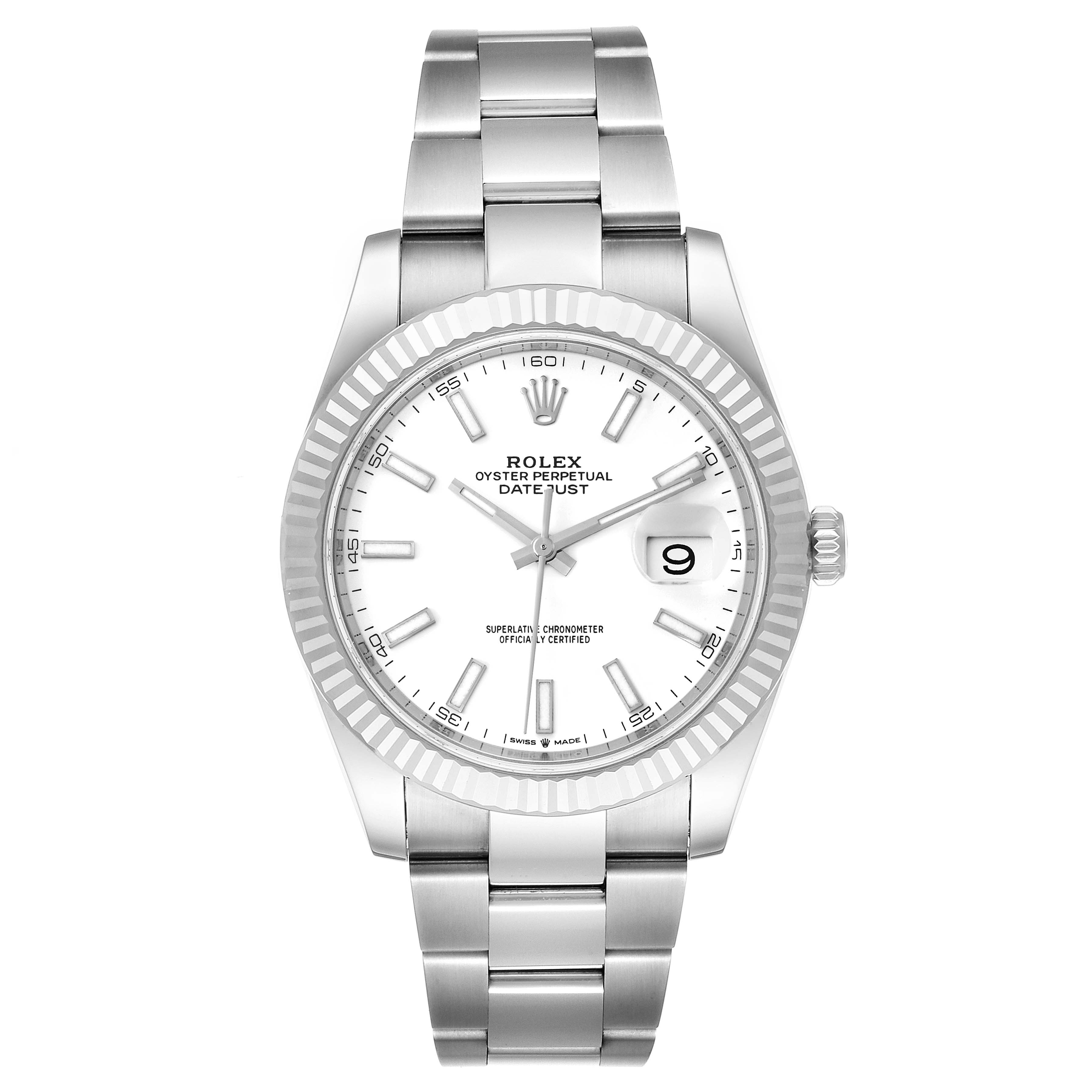 The image shows a front view of the Rolex Datejust 41 126334 Men
s Stainless Steel White Dial 126334 Men
s Stainless Steel White Dial model, highlighting the dial, bezel, and bracelet.