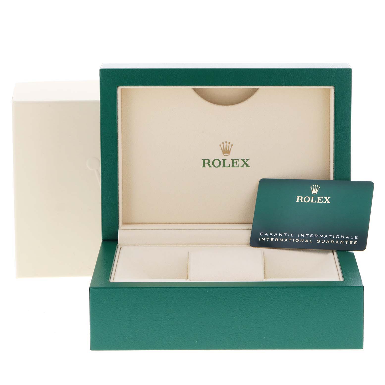 The image shows the open box and warranty card for the Rolex Datejust 41 126334 Men
s Stainless Steel White Dial 126334 Men
s Stainless Steel White Dial model.