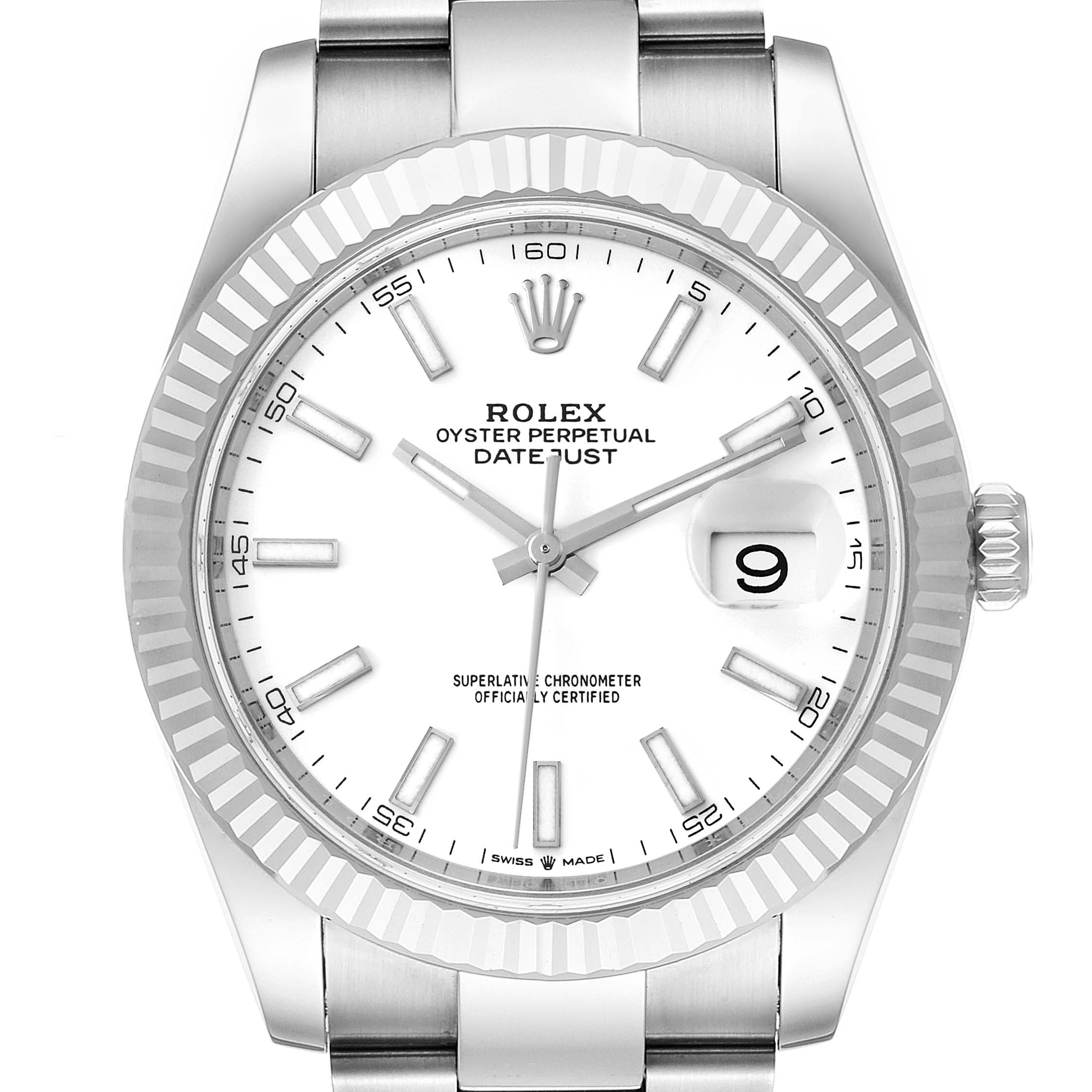 The Rolex Datejust 41 126334 Men
s Stainless Steel White Dial 126334 Men
s Stainless Steel White Dial watch is shown from a front angle, highlighting its face, bezel, hands, and date display.