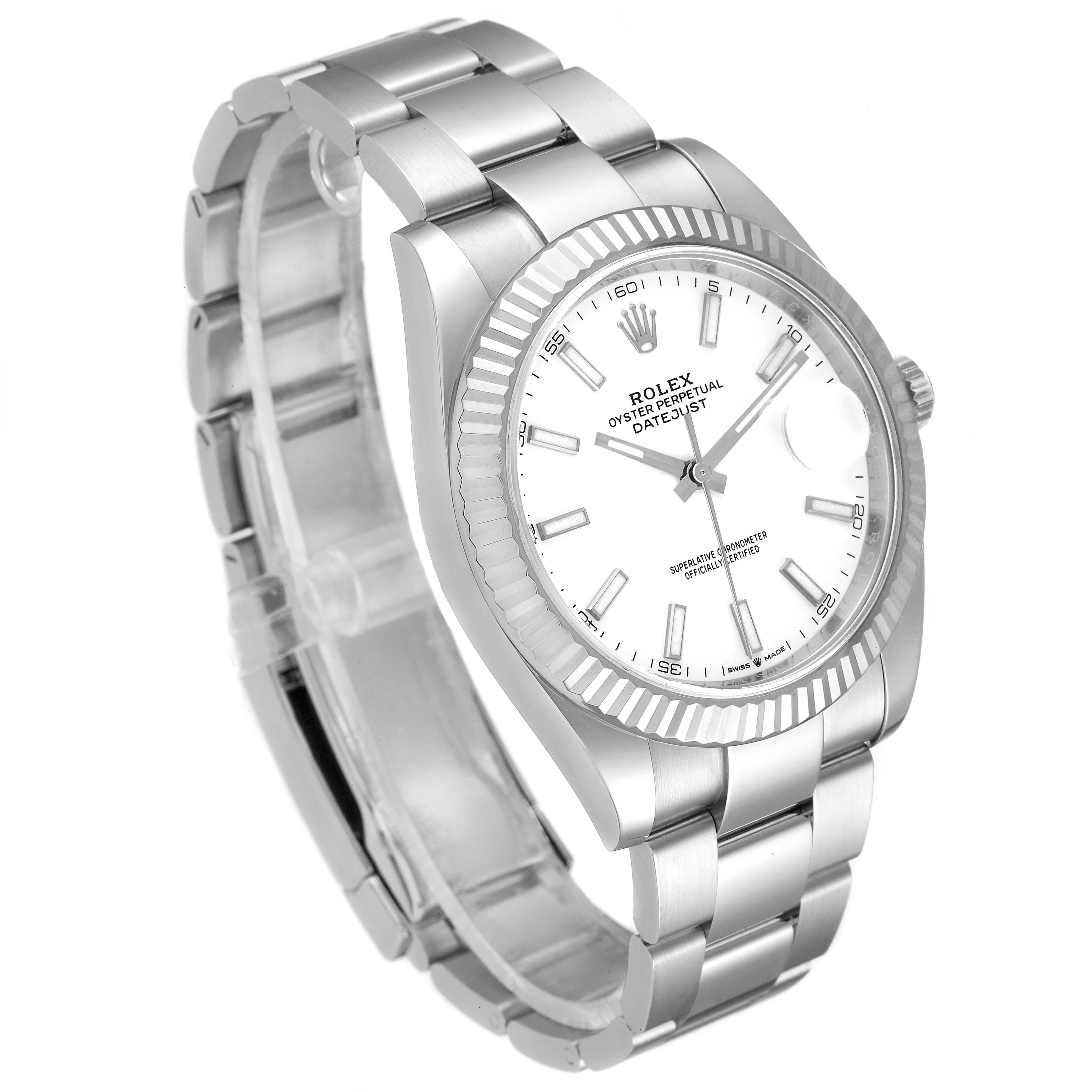 The image shows a Rolex Datejust 41 126334 Men
s Stainless Steel White Dial 126334 Men
s Stainless Steel White Dial watch at an angled view, highlighting the face, bezel, and bracelet.