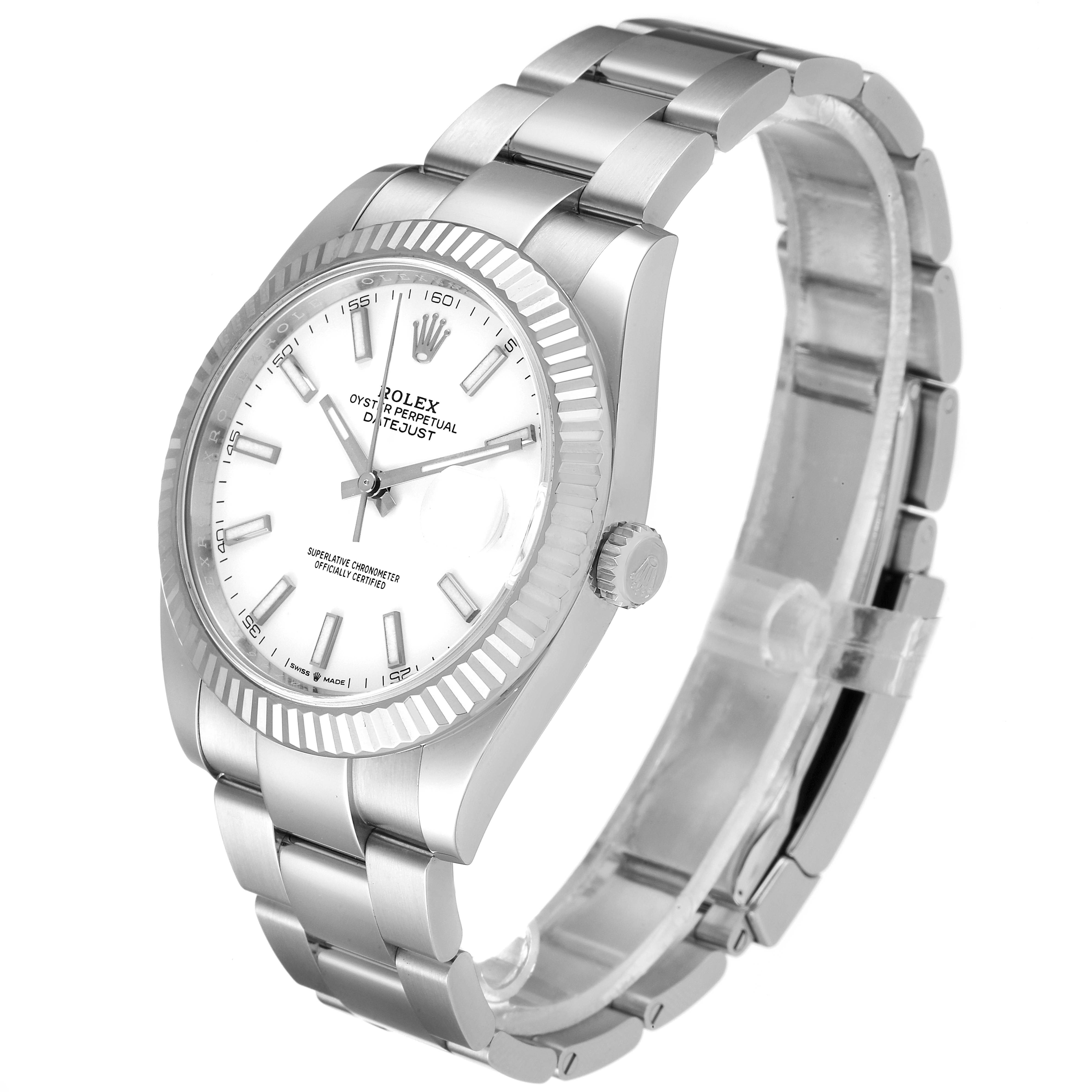 This image shows a Rolex Datejust 41 126334 Men
s Stainless Steel White Dial 126334 Men
s Stainless Steel White Dial model watch from a side angle, highlighting the face, bezel, and Oyster bracelet.