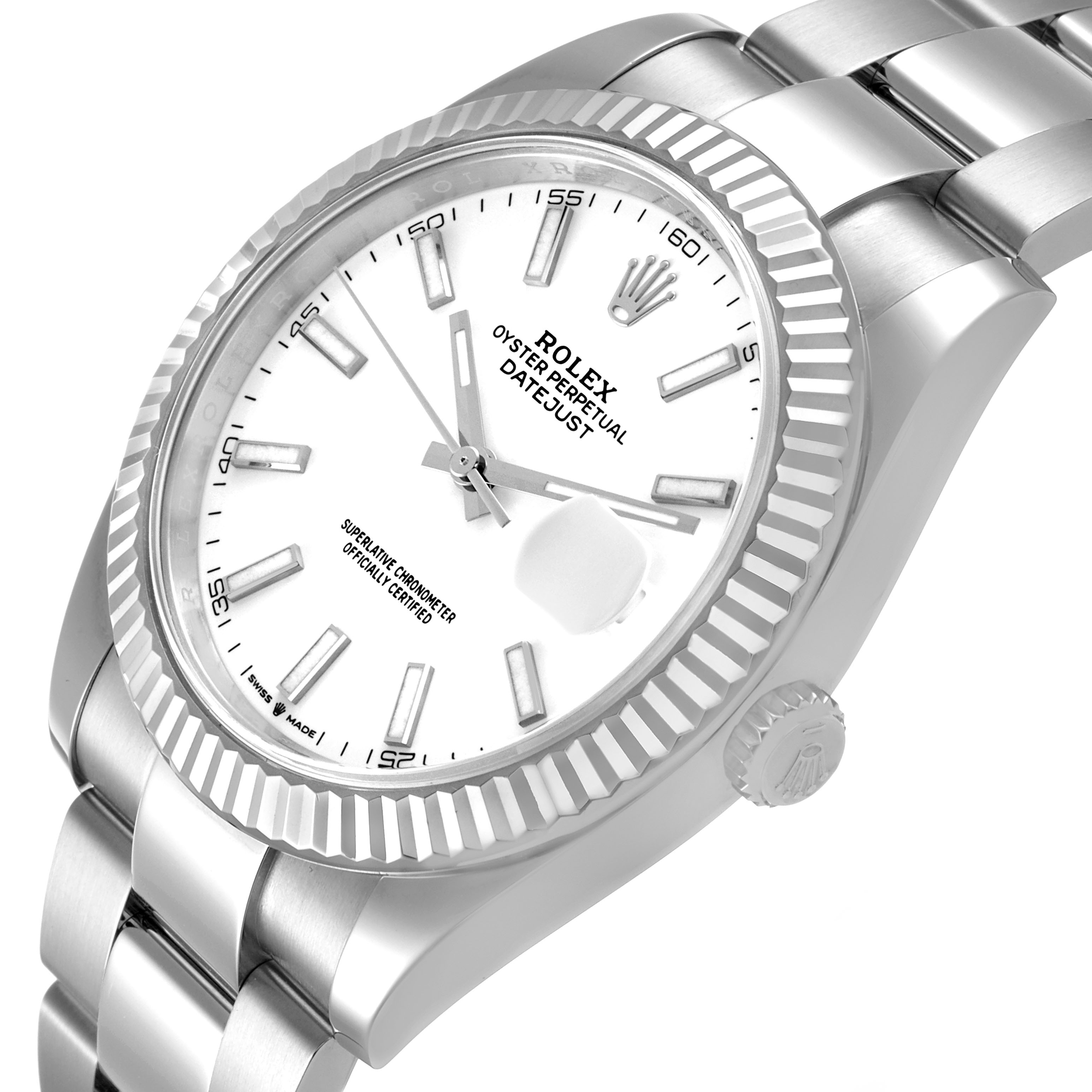 The Rolex Datejust 41 126334 Men's Stainless Steel White Dial is shown at an angled view, highlighting the fluted bezel, white dial, markers, crown, and part of the bracelet.