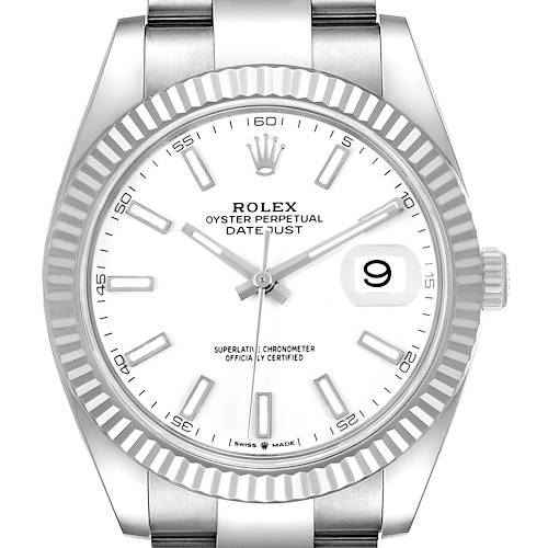 The Rolex Datejust 41 126334 Men's Stainless Steel White Dial is shown from a front angle, featuring its dial, hands, bezel, and bracelet top.