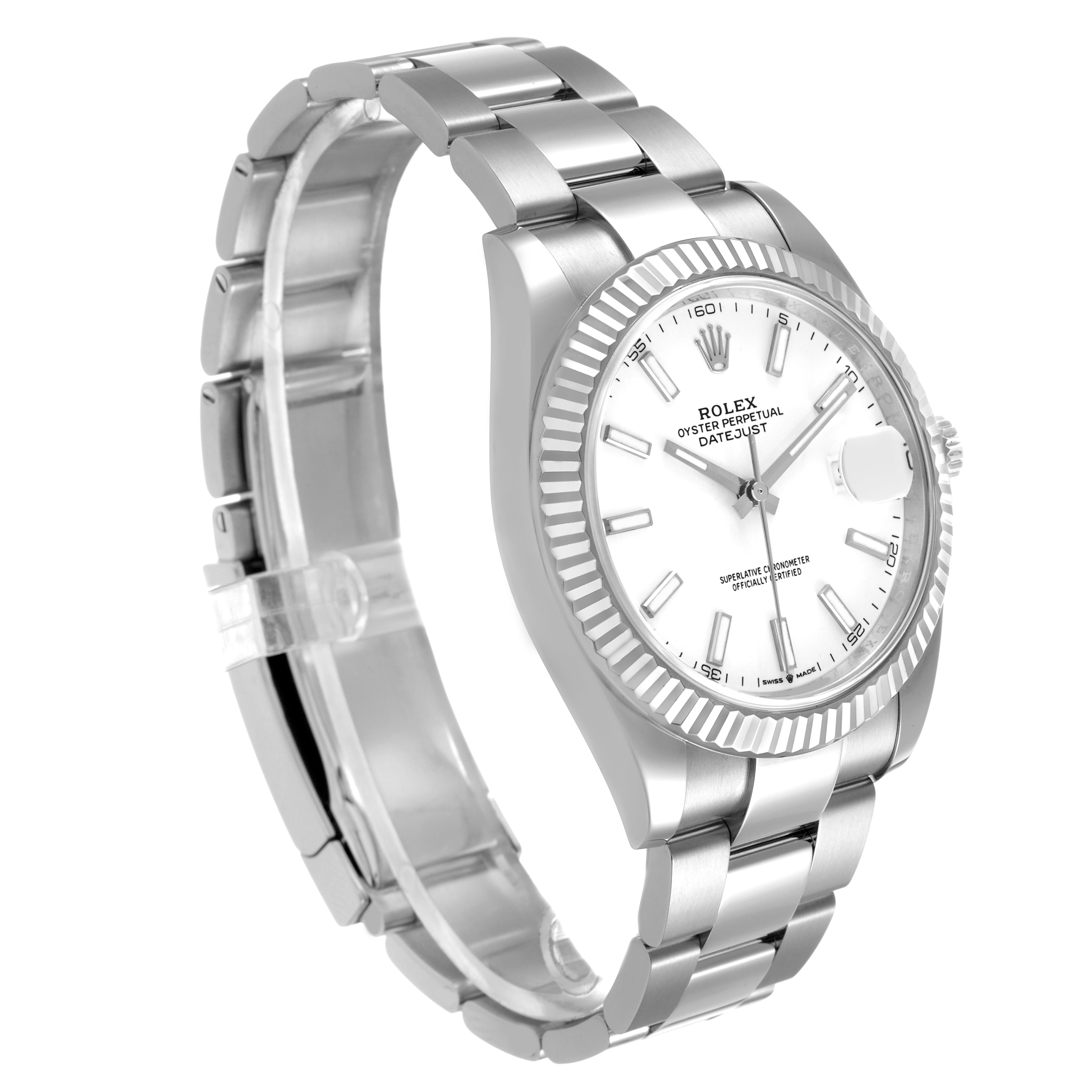 The Rolex Datejust 41 126334 Men's Stainless Steel White Dial is shown at an angle highlighting the face, bezel, and part of the bracelet.