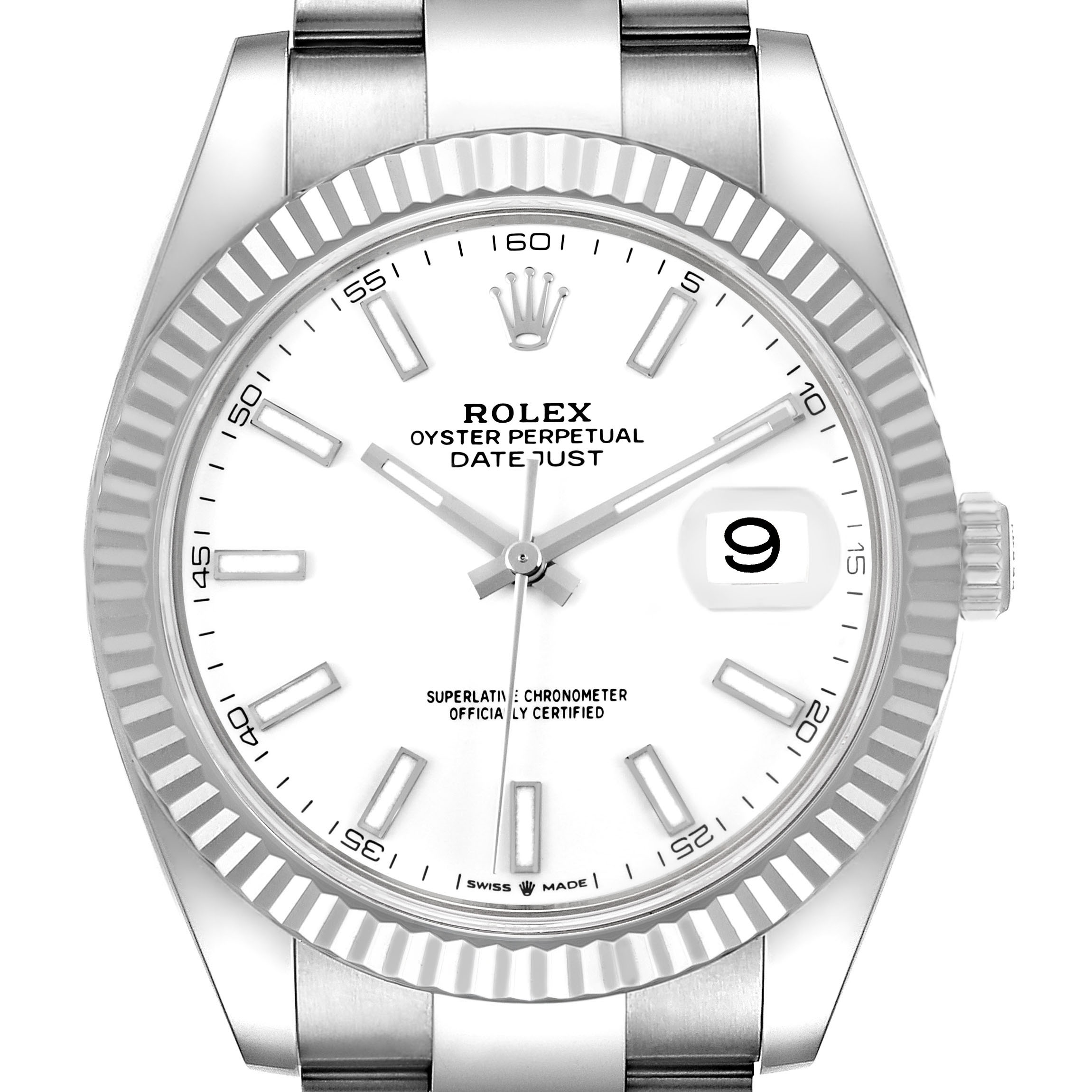 The Rolex Datejust 41 126334 Men's Stainless Steel White Dial model is shown from the front, highlighting the face, bezel, and bracelet.