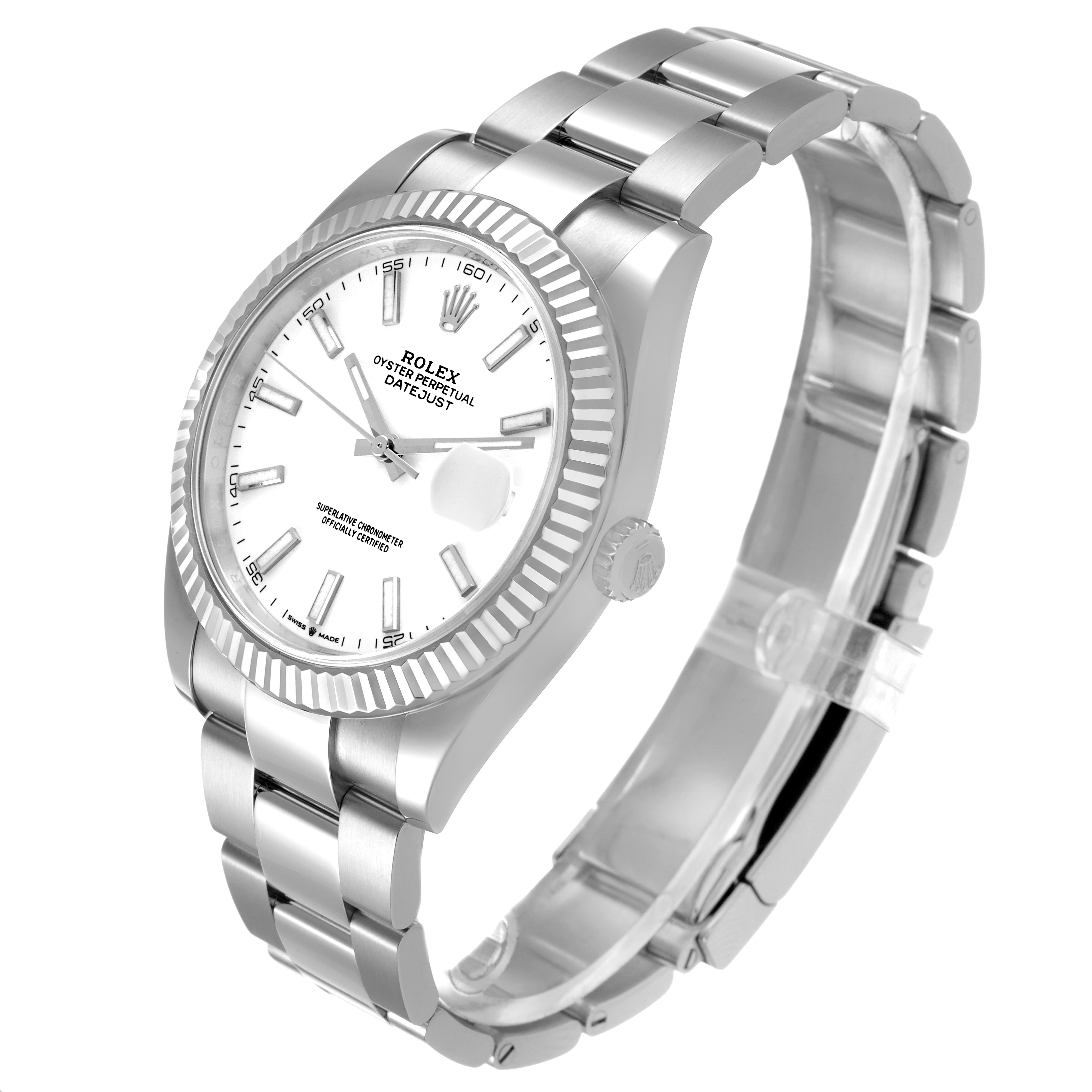 The Rolex Datejust 41 126334 Men's Stainless Steel White Dial is shown at an angled side view, highlighting the dial, fluted bezel, bracelet, and crown.
