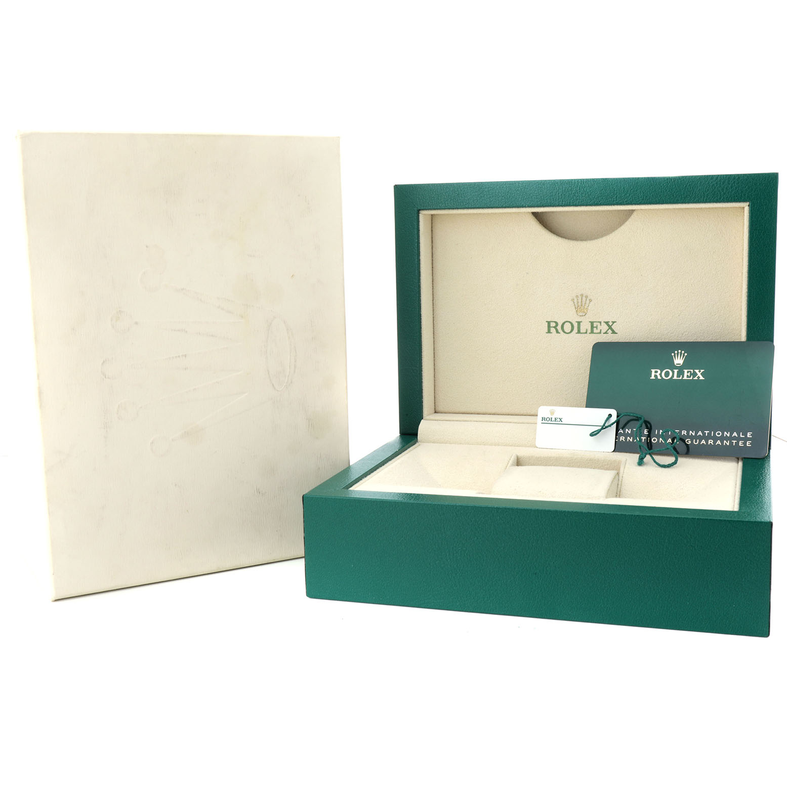 The image shows a Rolex Datejust 41 126334 Men's Stainless Steel White Dial watch box and accessories, including the warranty card and a tag, with the box lid open.