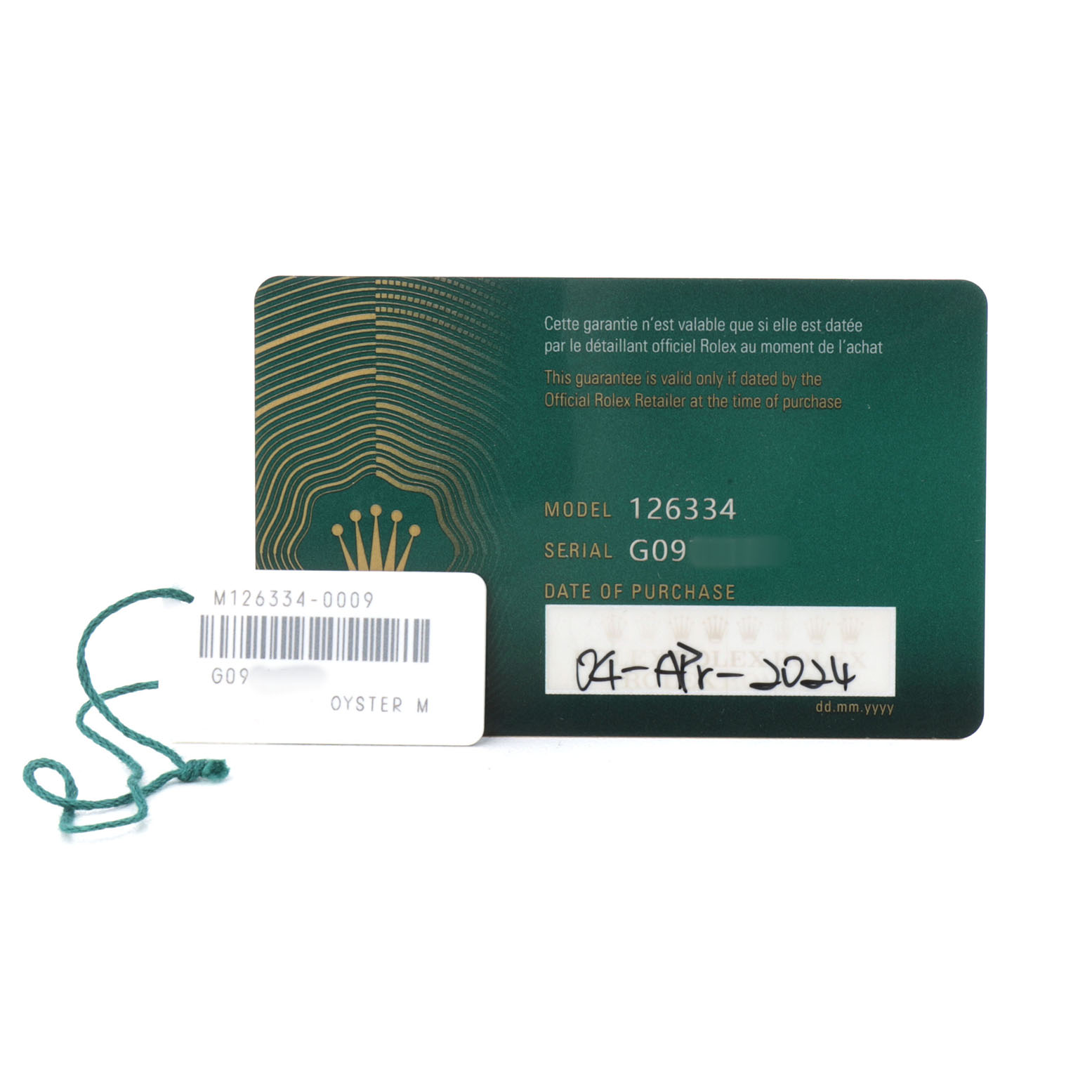 The image shows a warranty card and tag for the Rolex Datejust 41 126334 Men's Stainless Steel White Dial model, highlighting the model and serial number.