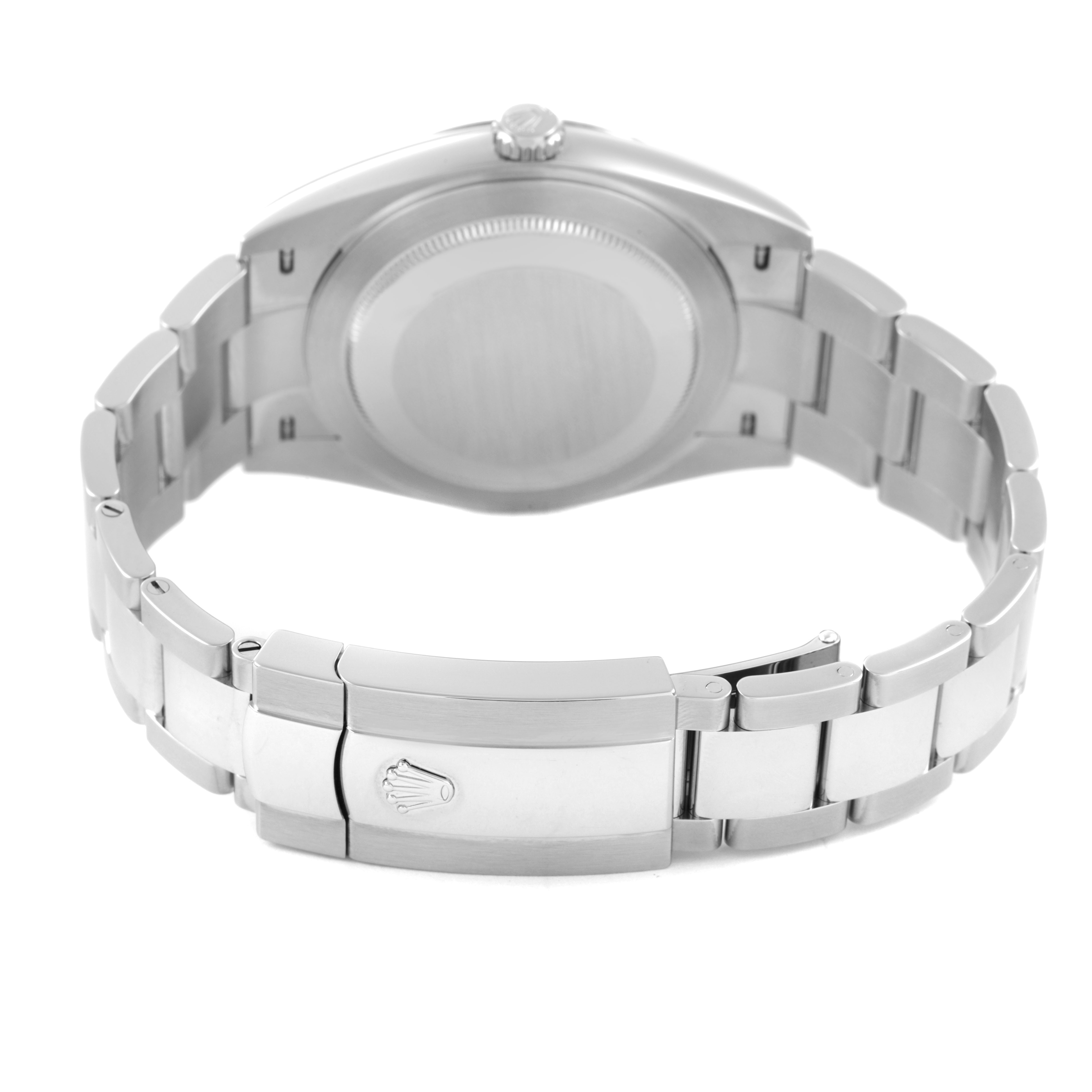 The image shows the case back and bracelet clasp of a Rolex Datejust 41 126334 Men's Stainless Steel White Dial model, viewed from the rear.