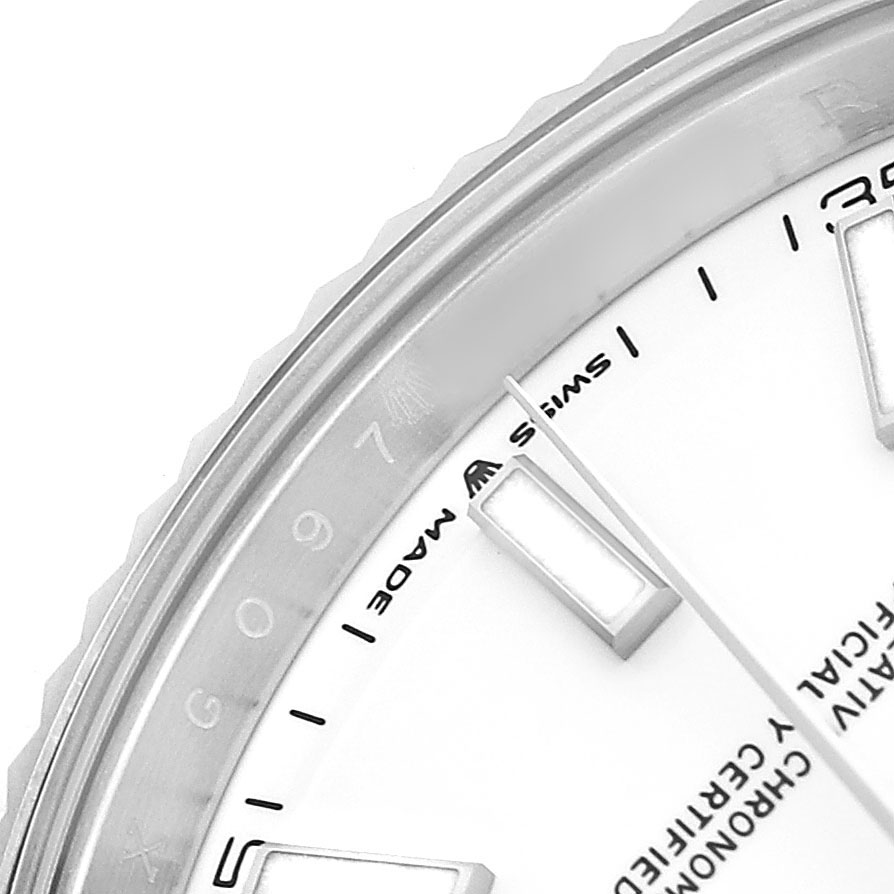The image shows a close-up angle of the Rolex Datejust 41 126334 Men's Stainless Steel White Dial, featuring part of the dial, indices, and rehaut.