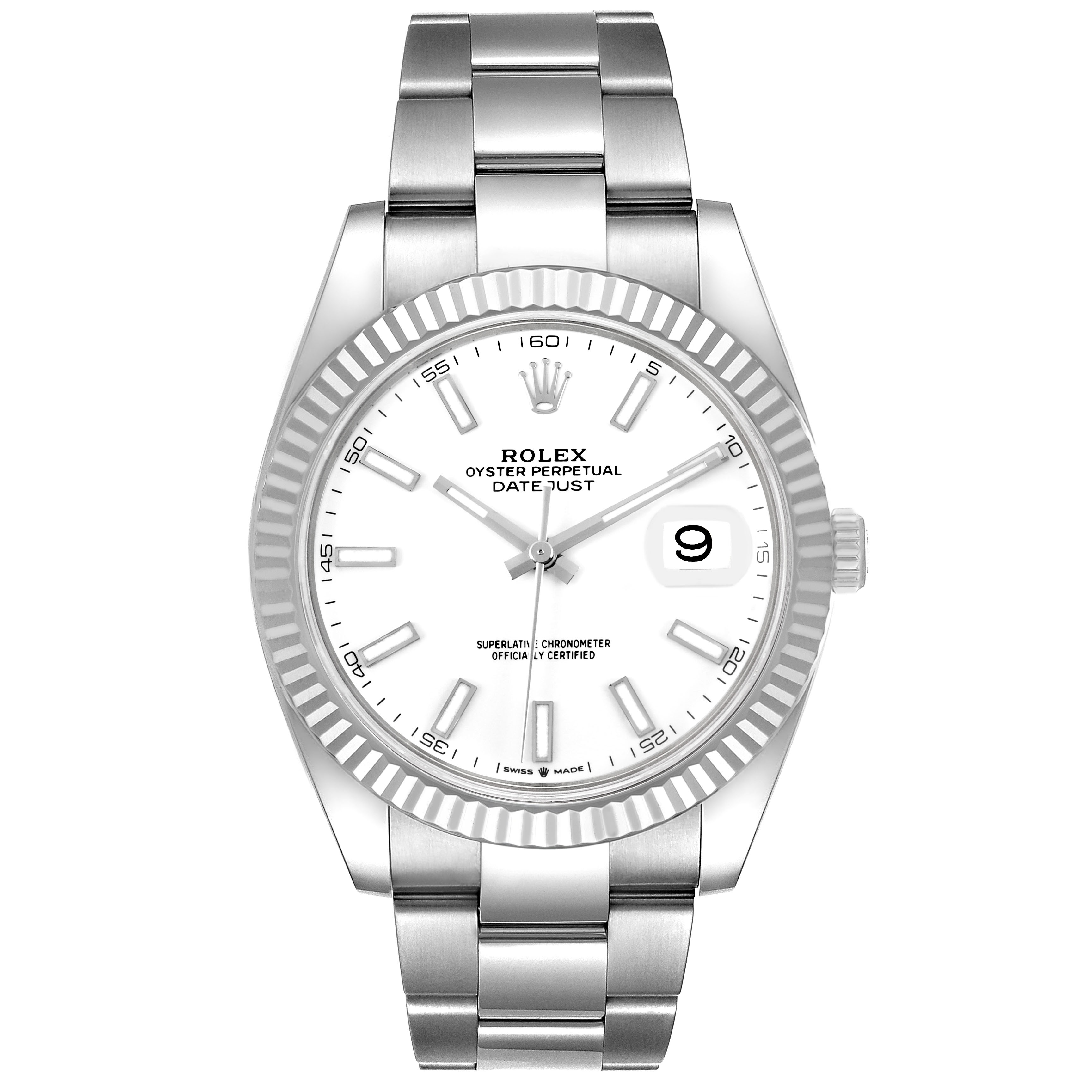 The Rolex Datejust 41 126334 Men's Stainless Steel White Dial is shown from a frontal angle, displaying the dial, fluted bezel, and bracelet.