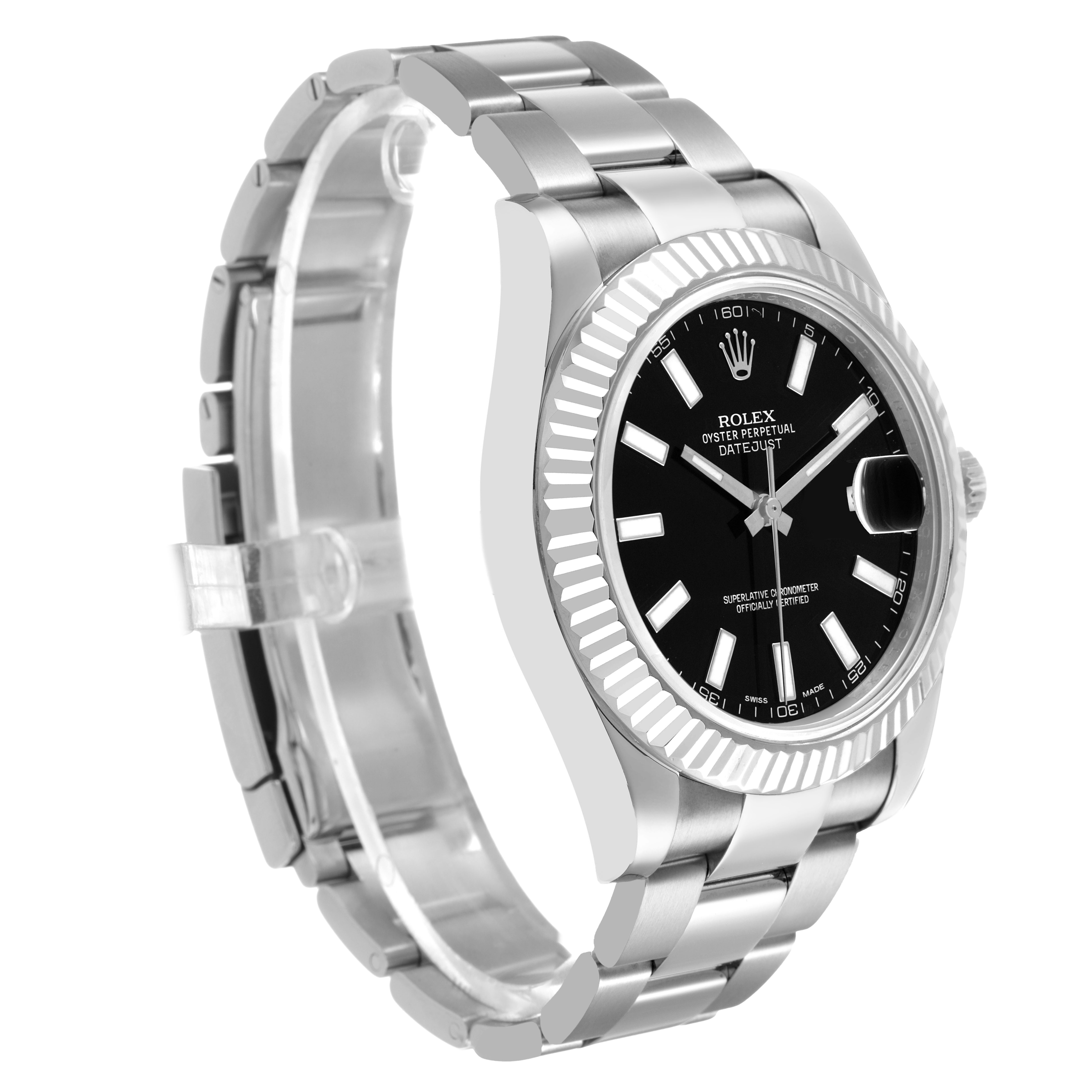 The Rolex Datejust 41 116334 Men's Stainless Steel Black Dial is shown at a three-quarter angle, highlighting the dial, bezel, case, and part of the bracelet.