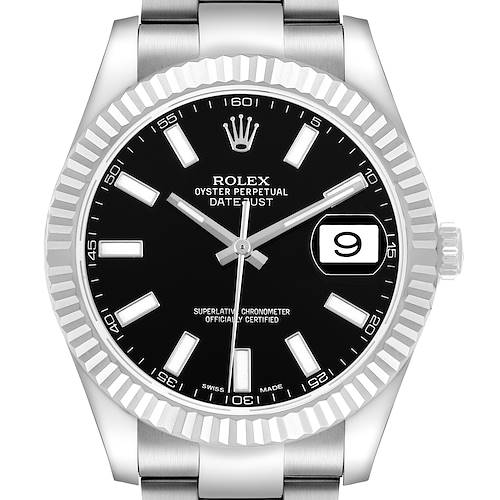 The Rolex Datejust 41 116334 Men's Stainless Steel Black Dial is shown from the front, highlighting the dial, bezel, hands, and cyclops lens over the date.