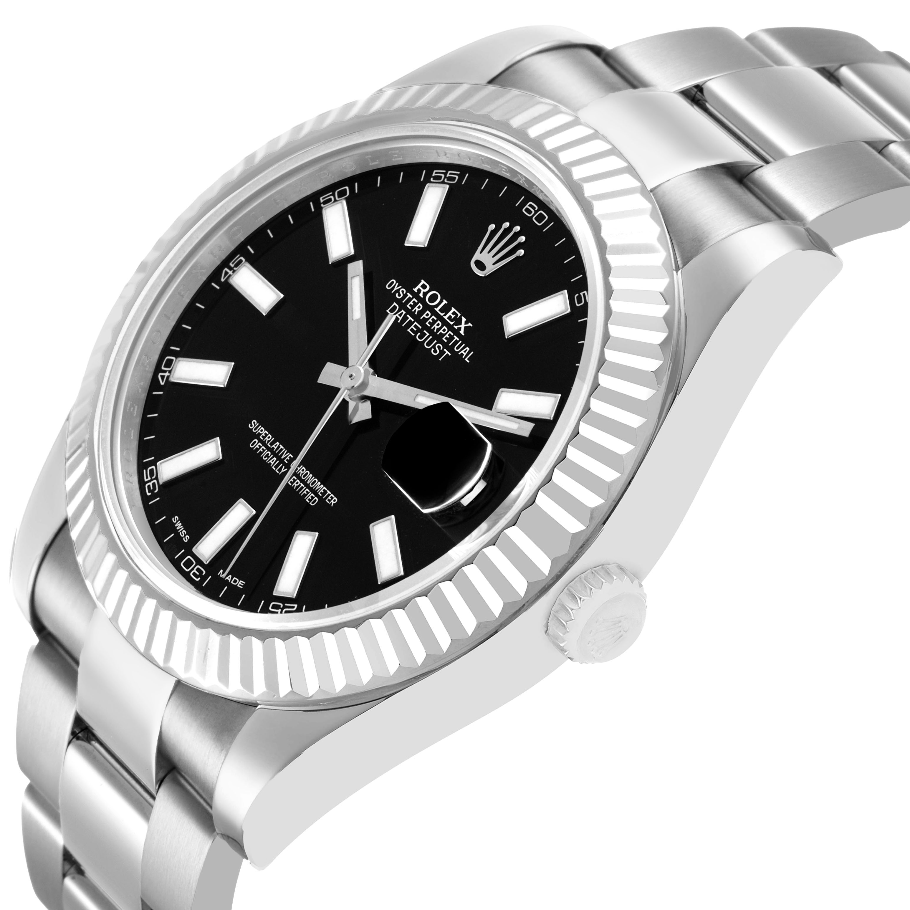 The Rolex Datejust 41 116334 Men's Stainless Steel Black Dial is shown from a side angle, highlighting the bezel, crown, bracelet, and partial dial.