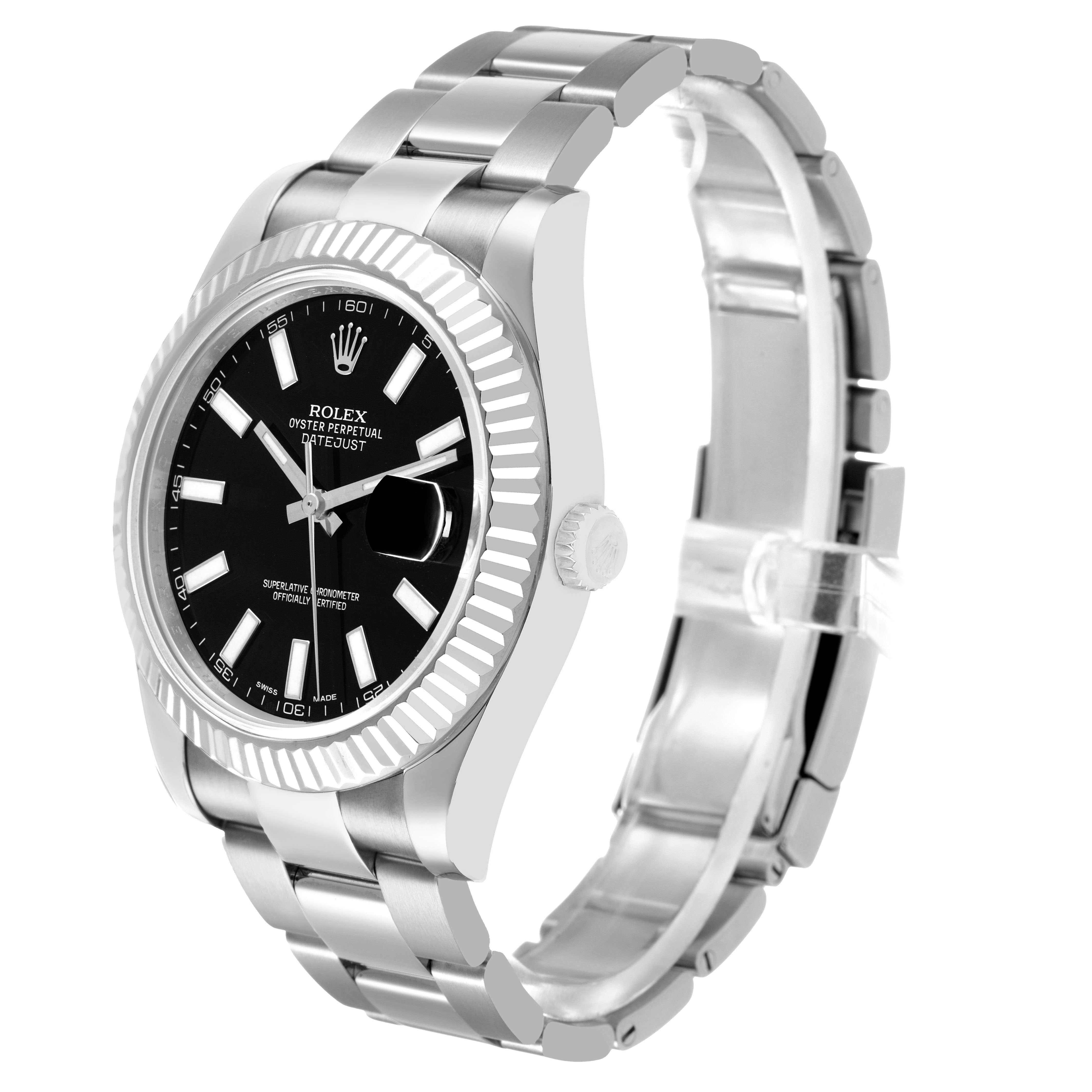 The Rolex Datejust 41 116334 Men's Stainless Steel Black Dial is shown at a three-quarter angle, highlighting the bracelet, black dial, and fluted bezel.