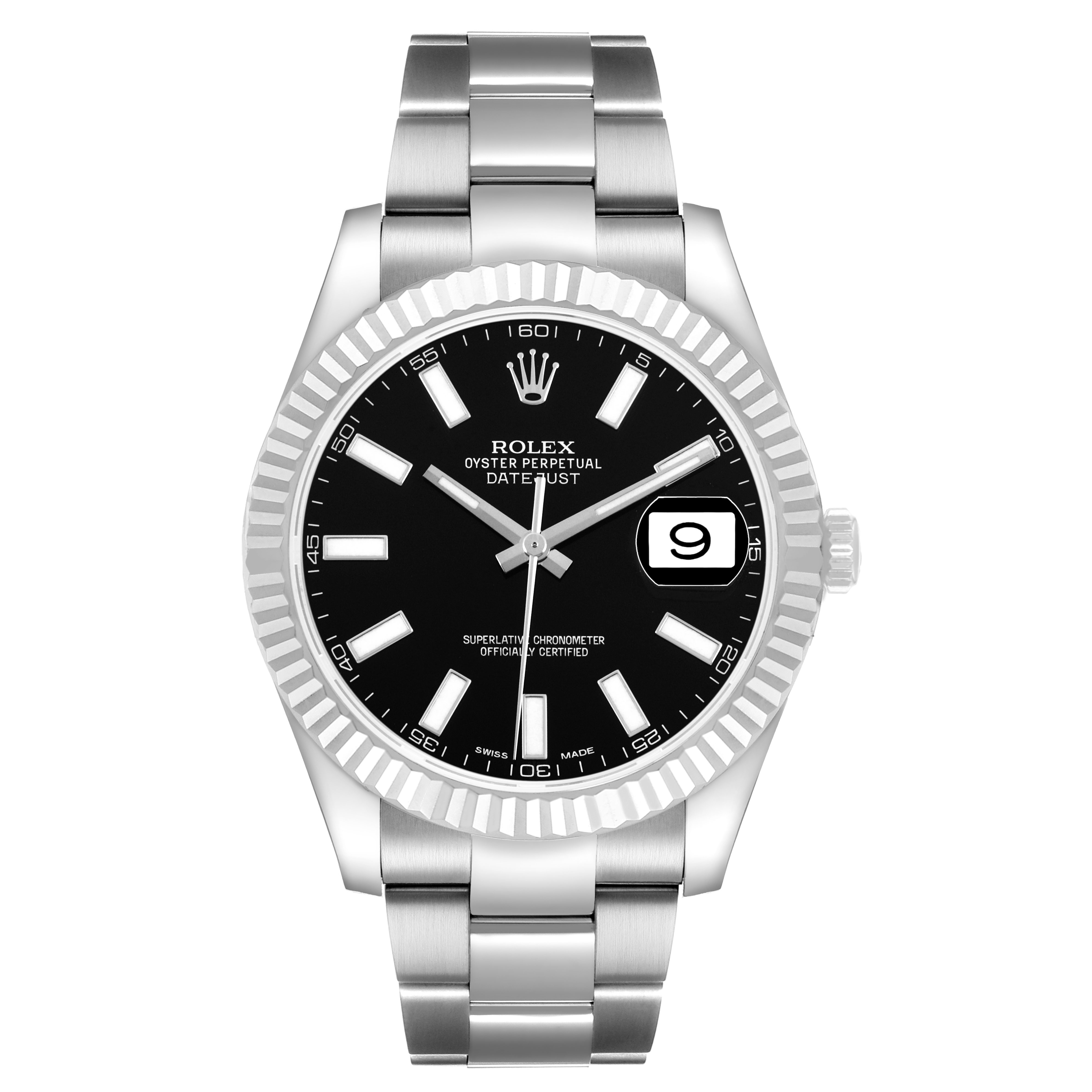 The Rolex Datejust 41 116334 Men's Stainless Steel Black Dial is shown from a front angle, highlighting the face, fluted bezel, and bracelet.