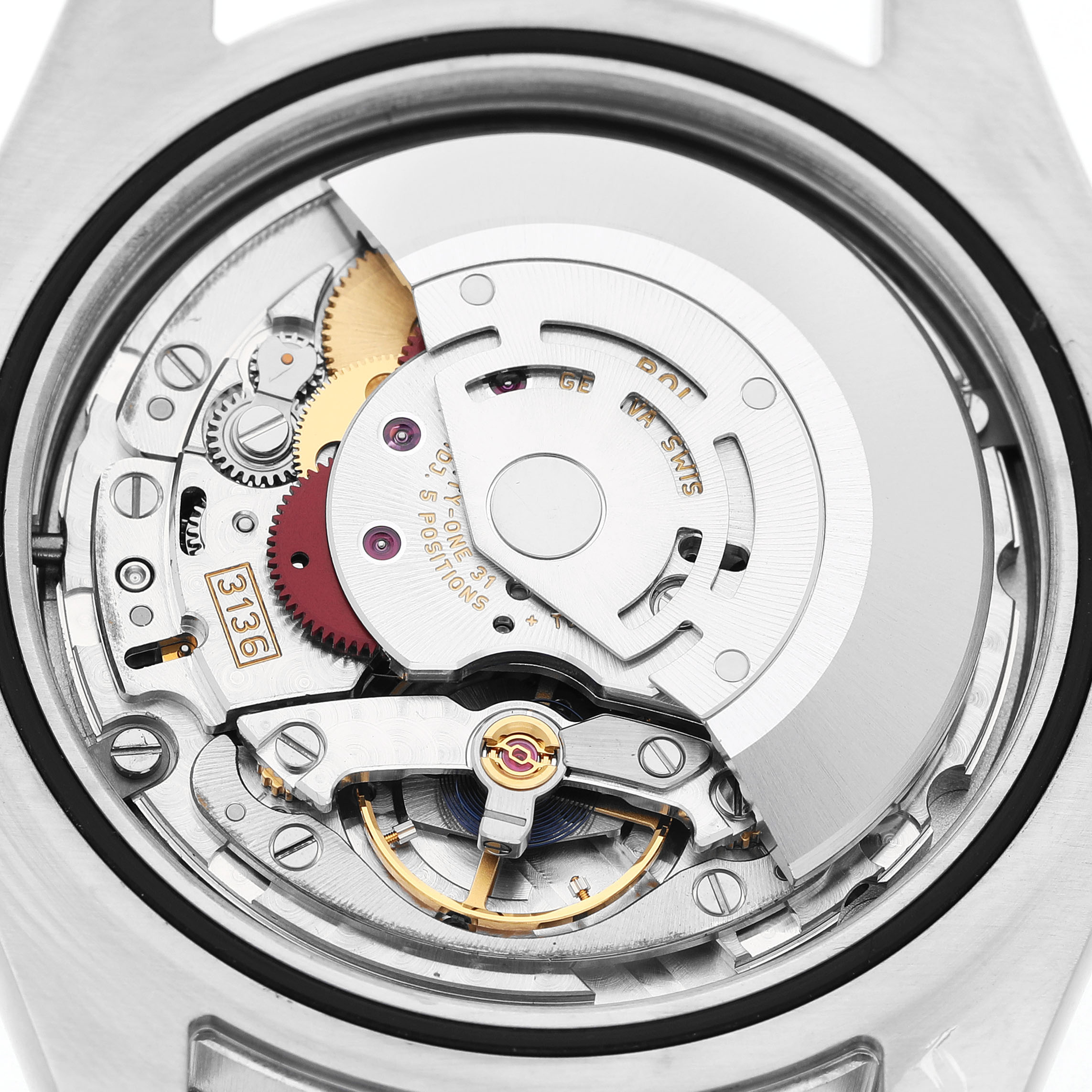 The image shows the back view of a Rolex Datejust 41 116334 Men's Stainless Steel Black Dial, highlighting the movement and inner mechanics.