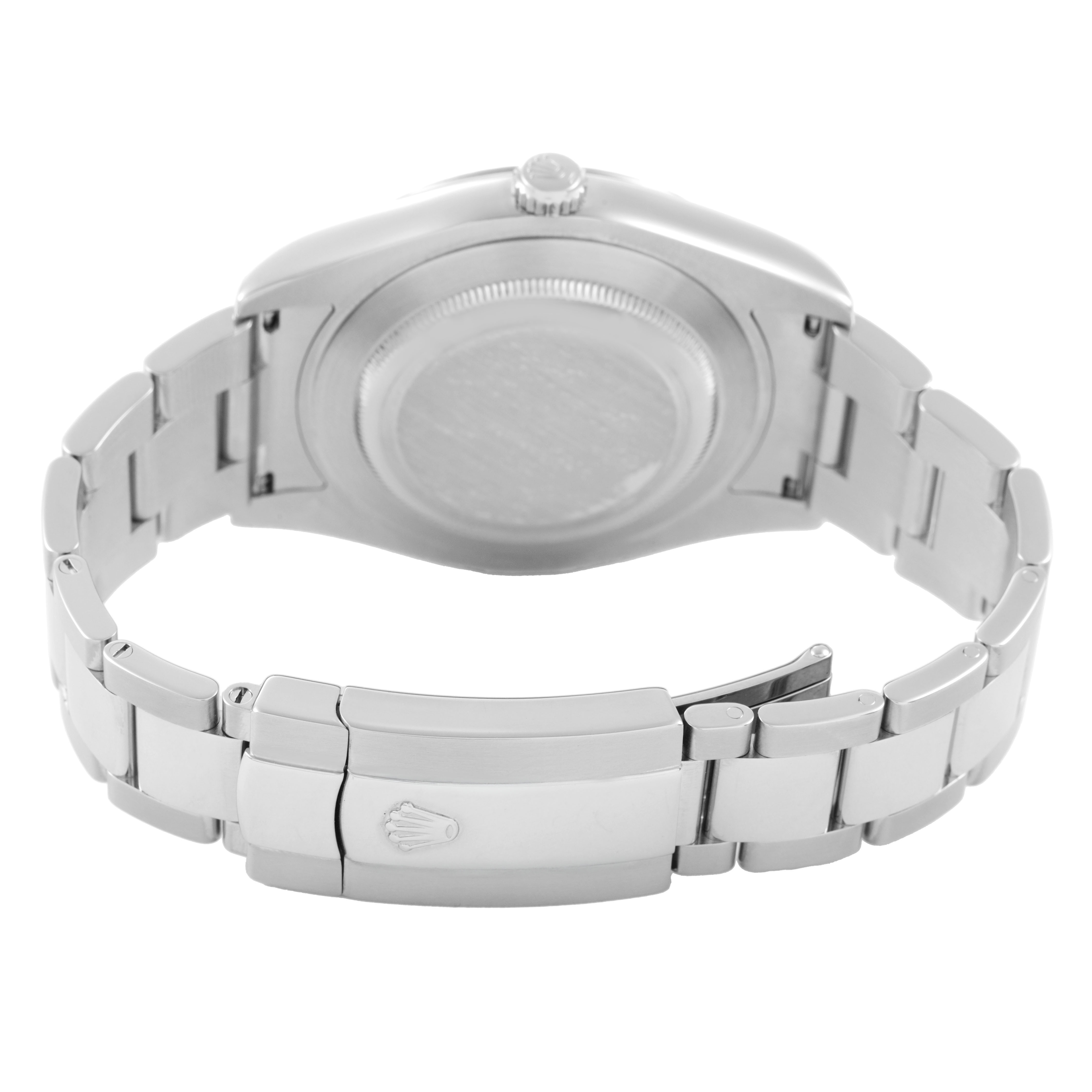 The image shows the backside of a Rolex Datejust 41 116334 Men's Stainless Steel Black Dial, displaying the case back and bracelet with clasp.