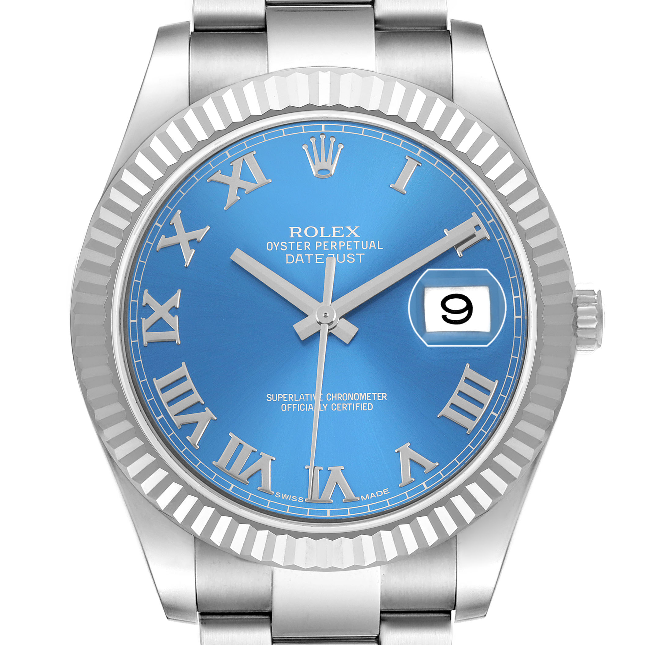 The Rolex Datejust 41 116334 Men's Stainless Steel Blue Dial is shown from a front angle, highlighting the blue dial, fluted bezel, and bracelet.