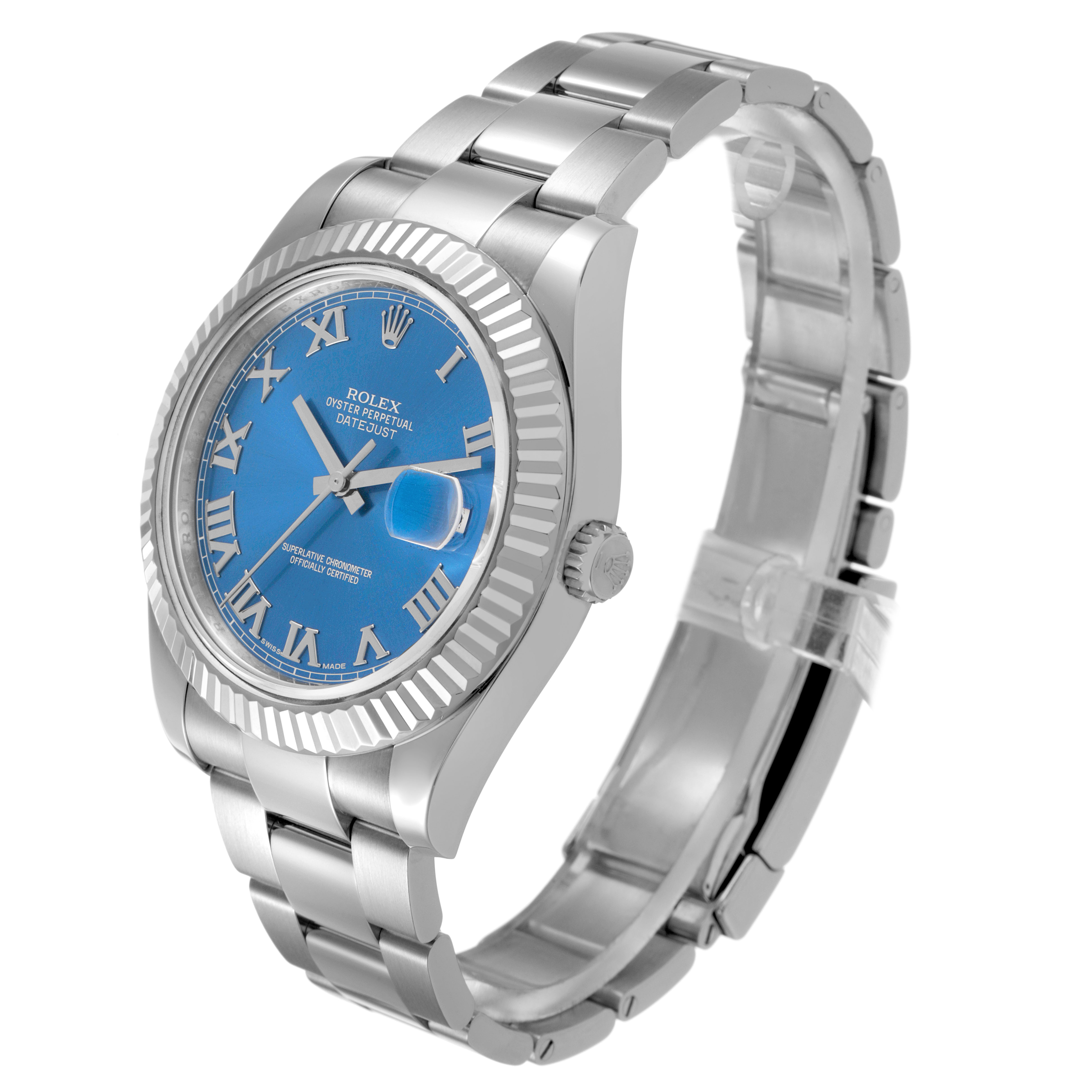 The Rolex Datejust 41 116334 Men's Stainless Steel Blue Dial is shown from a side angle, displaying the dial, bezel, crown, and bracelet.