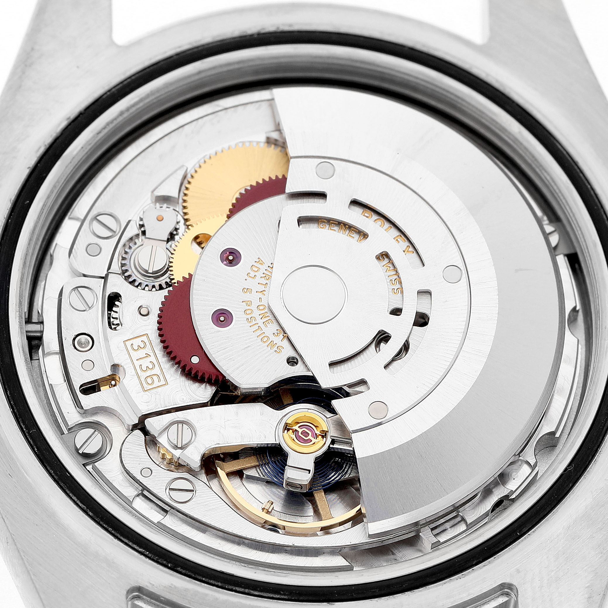 The image shows the open case back of a Rolex Datejust 41 116334 Men's Stainless Steel Blue Dial, revealing its internal movement components.