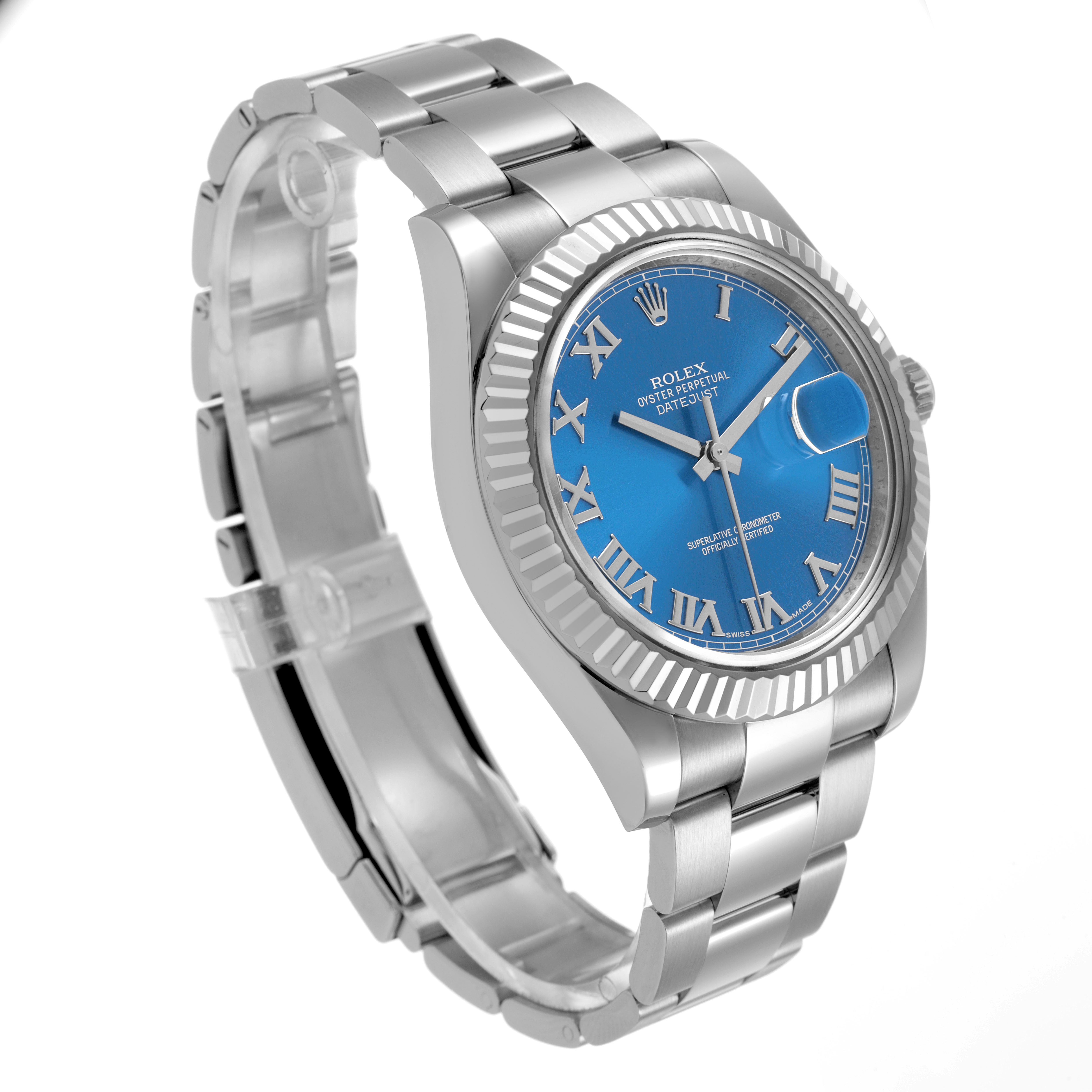 The Rolex Datejust 41 116334 Men's Stainless Steel Blue Dial is shown at a three-quarter angle, highlighting the blue dial, bezel, and bracelet.