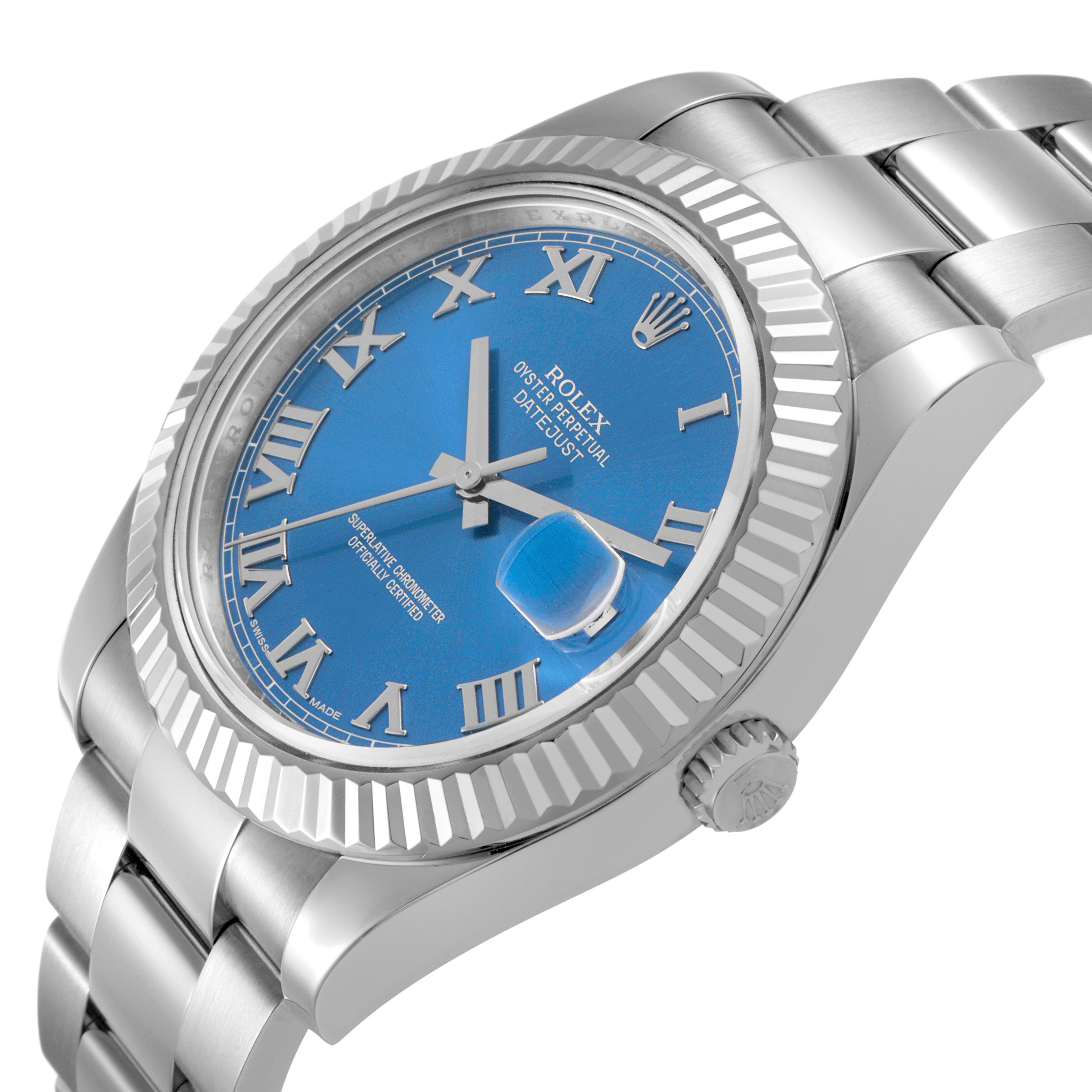 The Rolex Datejust 41 116334 Men's Stainless Steel Blue Dial is shown at an angled side view, highlighting the blue dial, fluted bezel, and bracelet.