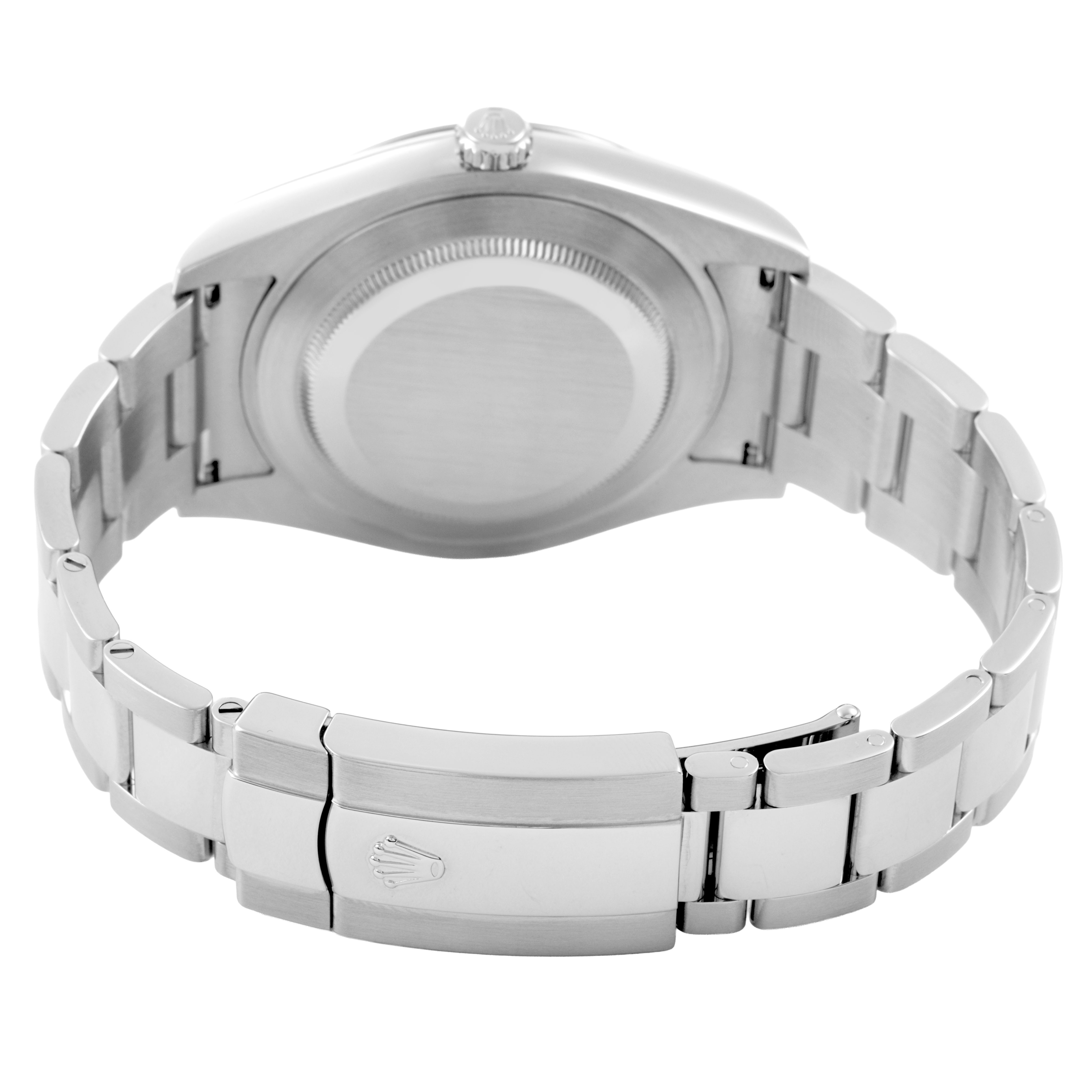 The image shows the back view of a Rolex Datejust 41 116334 Men's Stainless Steel Blue Dial, highlighting the case back and bracelet clasp.