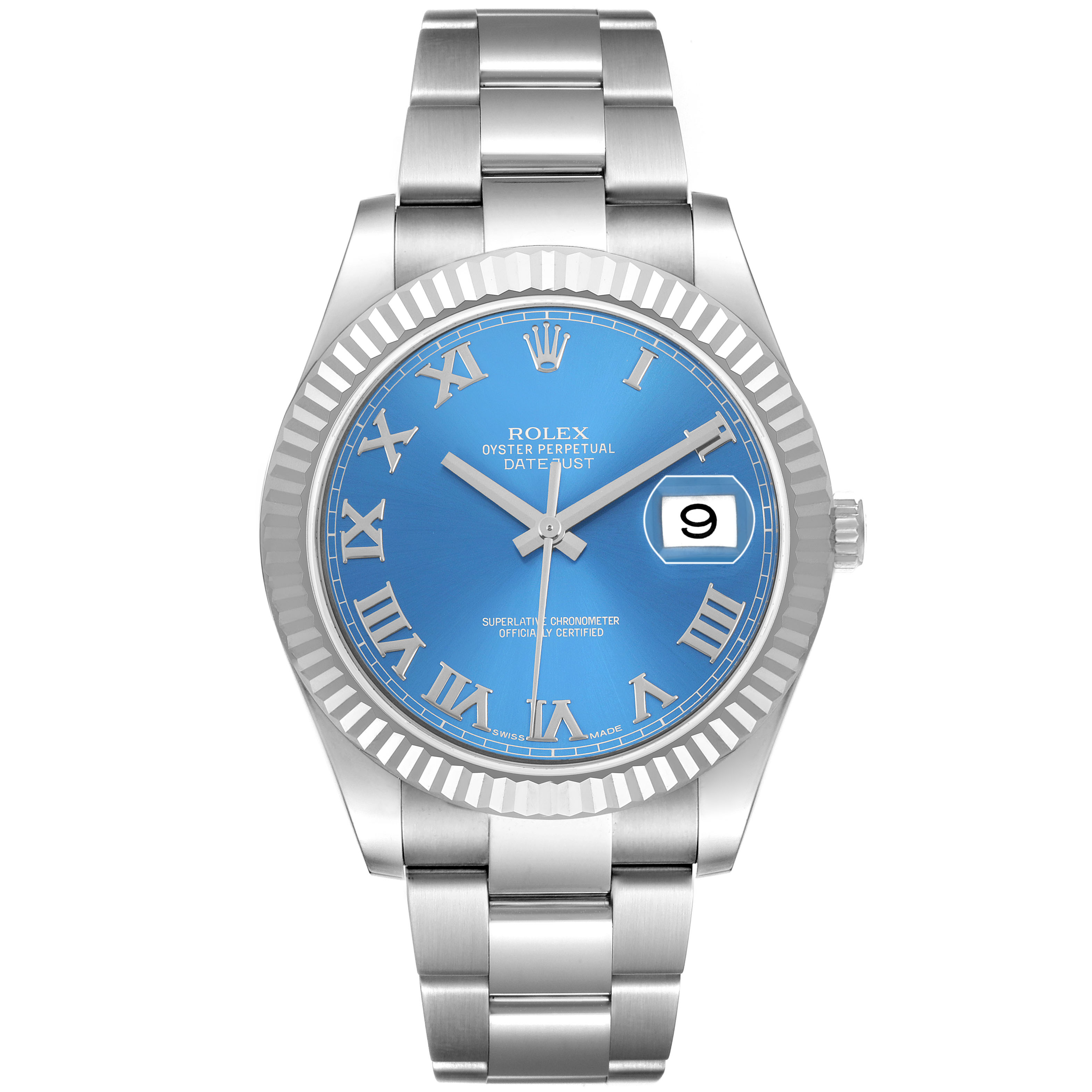 The Rolex Datejust 41 116334 Men's Stainless Steel Blue Dial is shown from the front, displaying its blue dial, Roman numerals, fluted bezel, and bracelet.