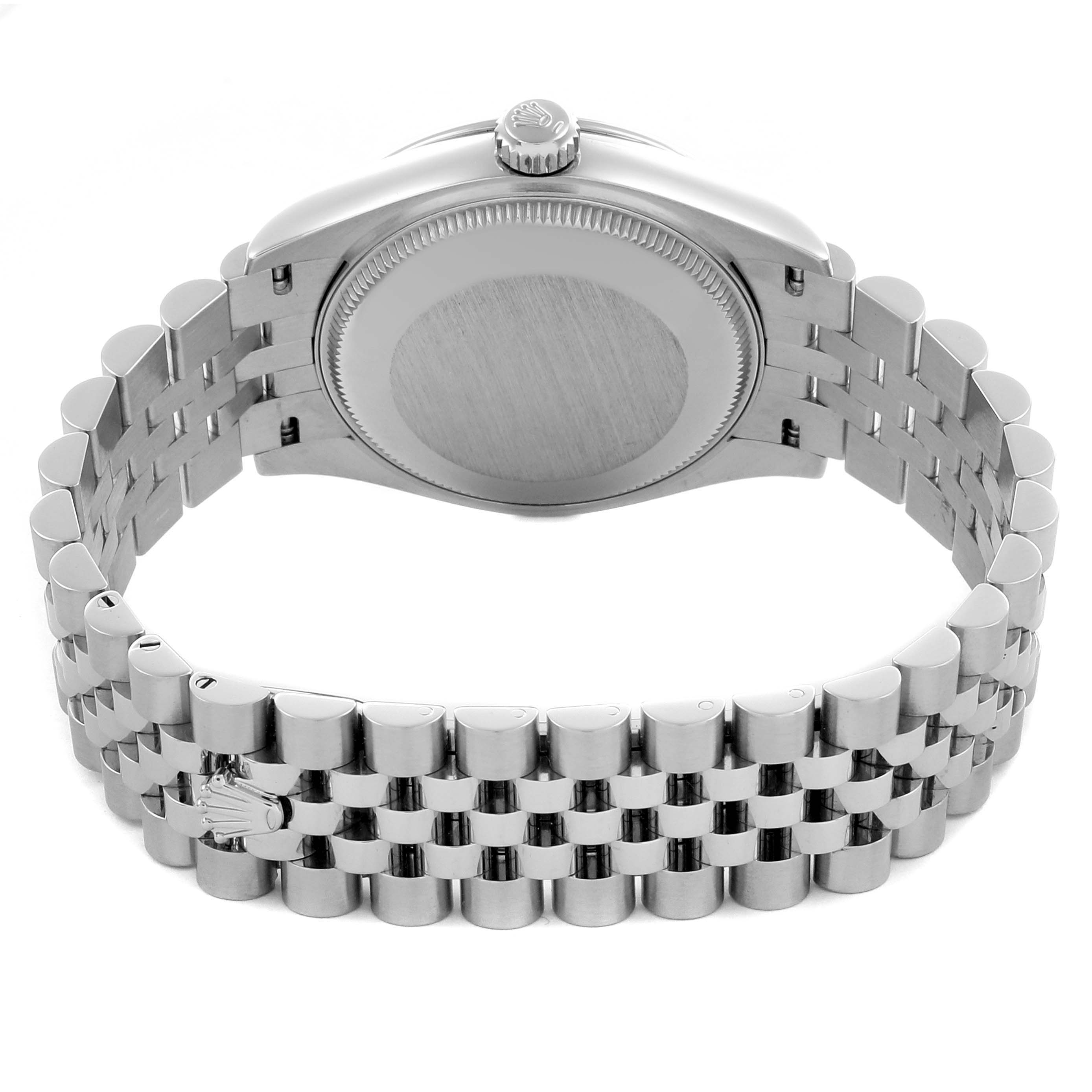 The image shows the back view of a Rolex Mid-Size 278274 Women's Stainless Steel Green Dial 278274 Women's Stainless Steel Green Dial model, highlighting the case back and Jubilee bracelet.