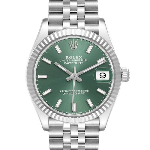 The Rolex Mid-Size model watch is shown from a front angle displaying the face, bezel, and bracelet.