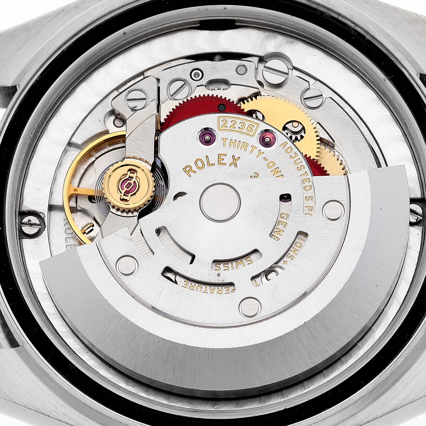 The image shows the internal movement mechanism of a Rolex Mid-Size 278274 Women's Stainless Steel Green Dial 278274 Women's Stainless Steel Green Dial watch viewed from the back.