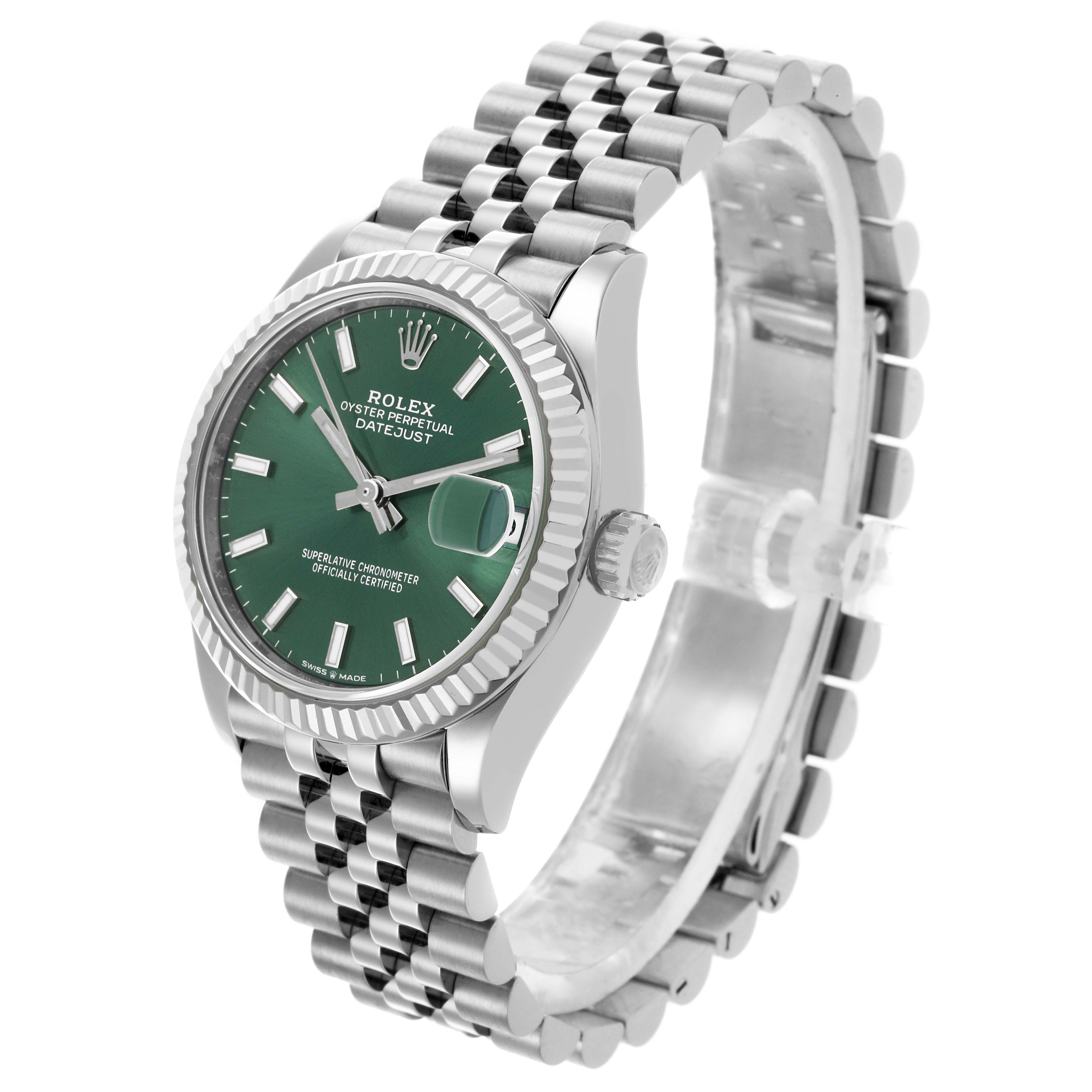 The Rolex Datejust Mid-Size is shown at a three-quarter angle, displaying the dial, bezel, crown, and jubilee bracelet.