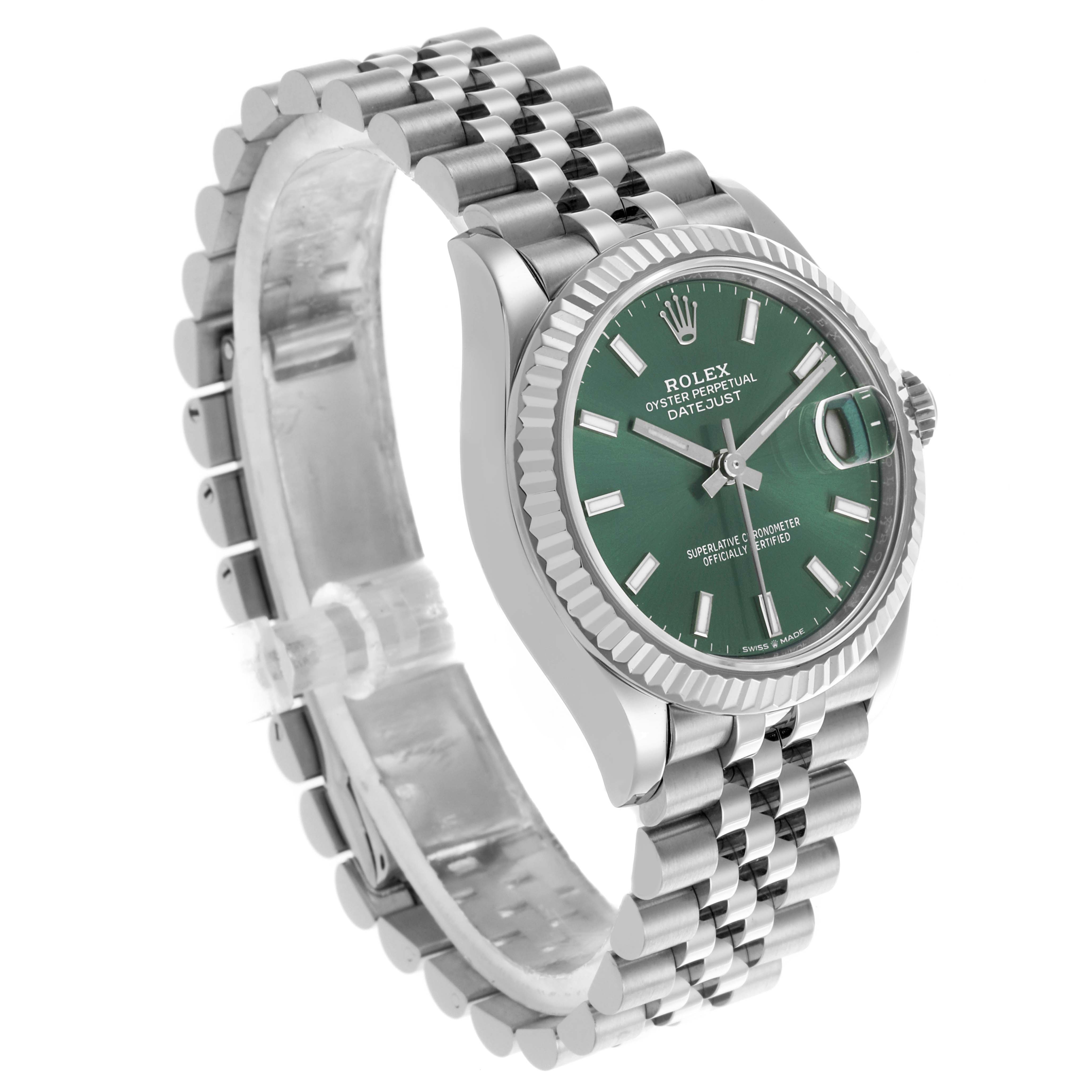 This Rolex Datejust Mid-Size watch is shown at an angled view, displaying the green dial, fluted bezel, and Jubilee bracelet.