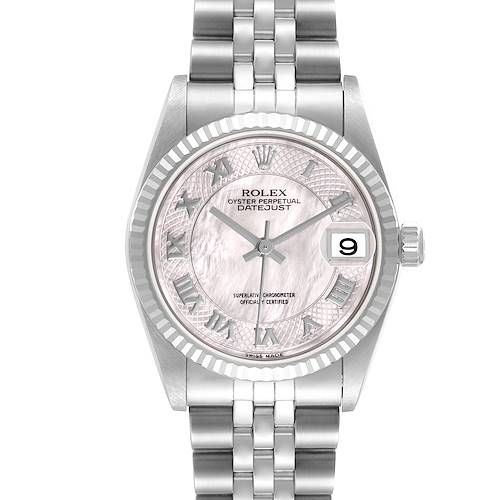 The Rolex Datejust 78274 Women's Stainless Steel Mother of Pearl Dial watch is shown from the front, displaying its face, bezel, crown, and bracelet.