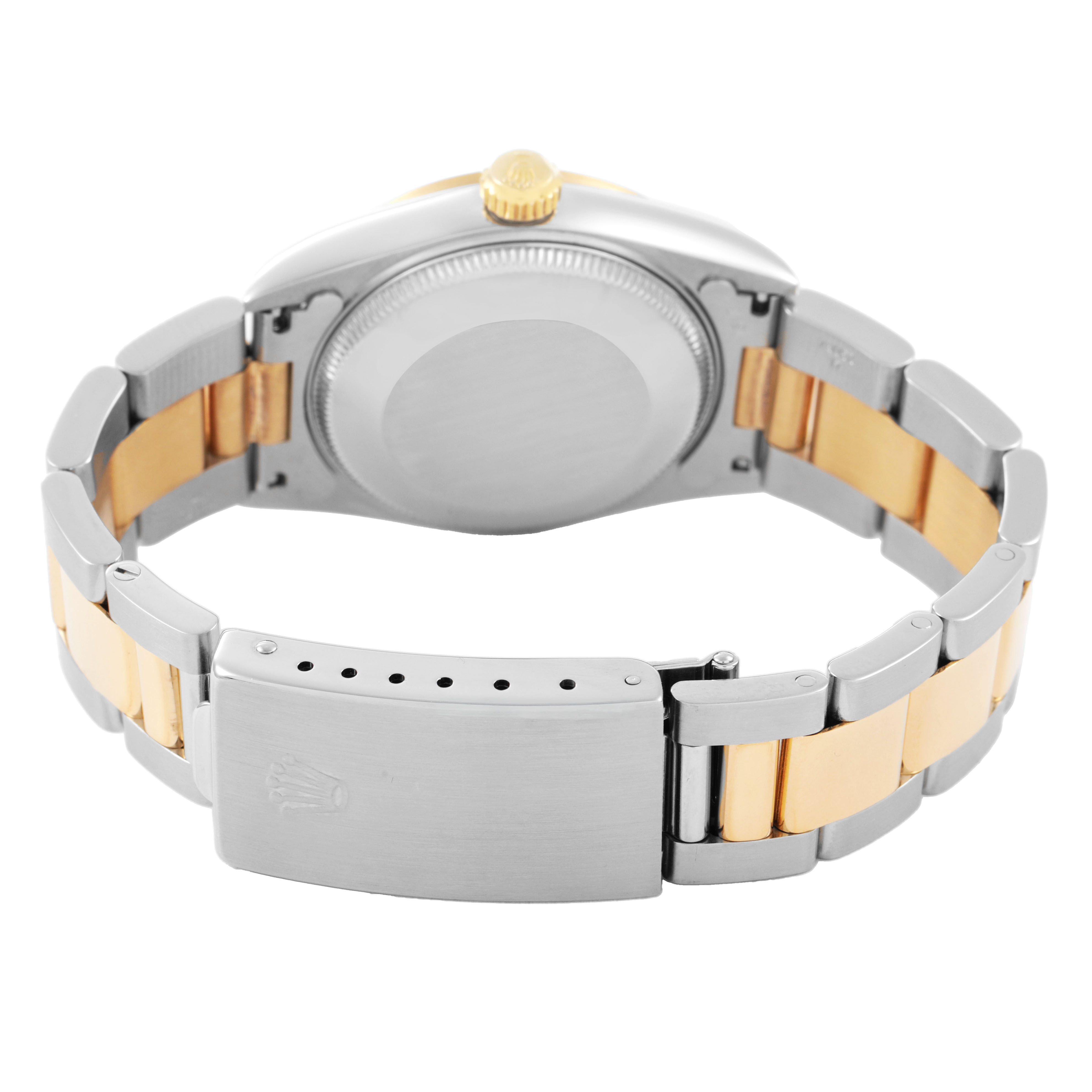 The image shows the back and bracelet of a Rolex Datejust 68243 Women's Steel and Gold (two tone) Blue Dial watch, highlighting the clasp and two-tone links.