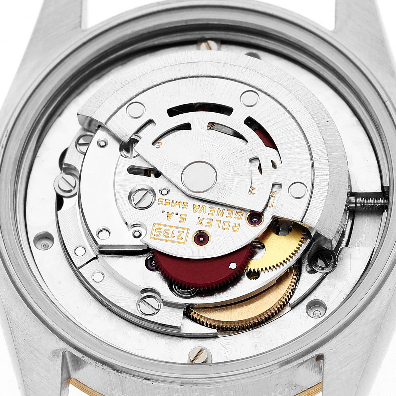 The image shows the internal mechanism of a Rolex Datejust 68243 Women's Steel and Gold (two tone) Blue Dial watch from the back side.