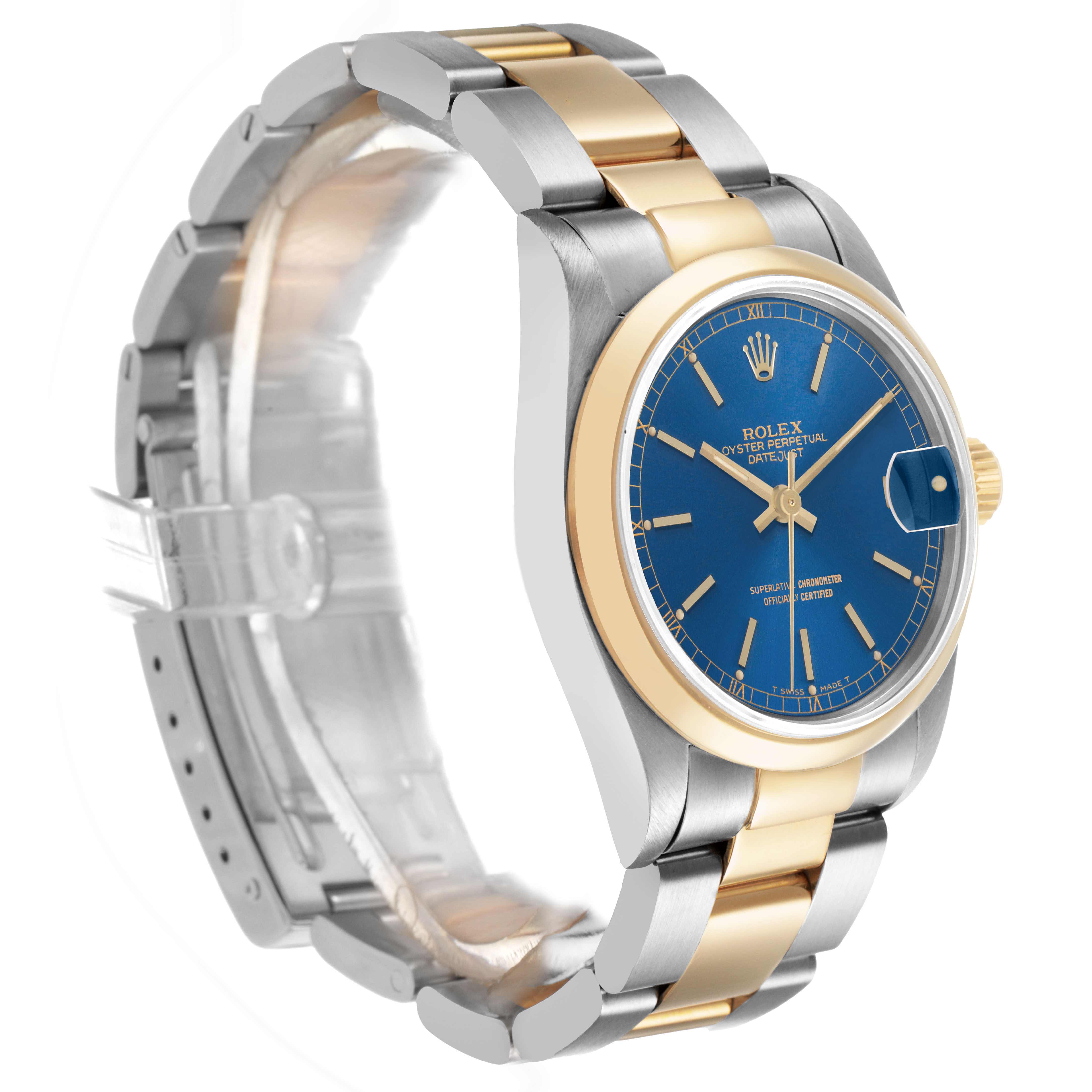 The Rolex Datejust 68243 Women's Steel and Gold (two tone) Blue Dial is shown at a three-quarter angle, highlighting the blue dial, gold bezel, and two-tone bracelet.