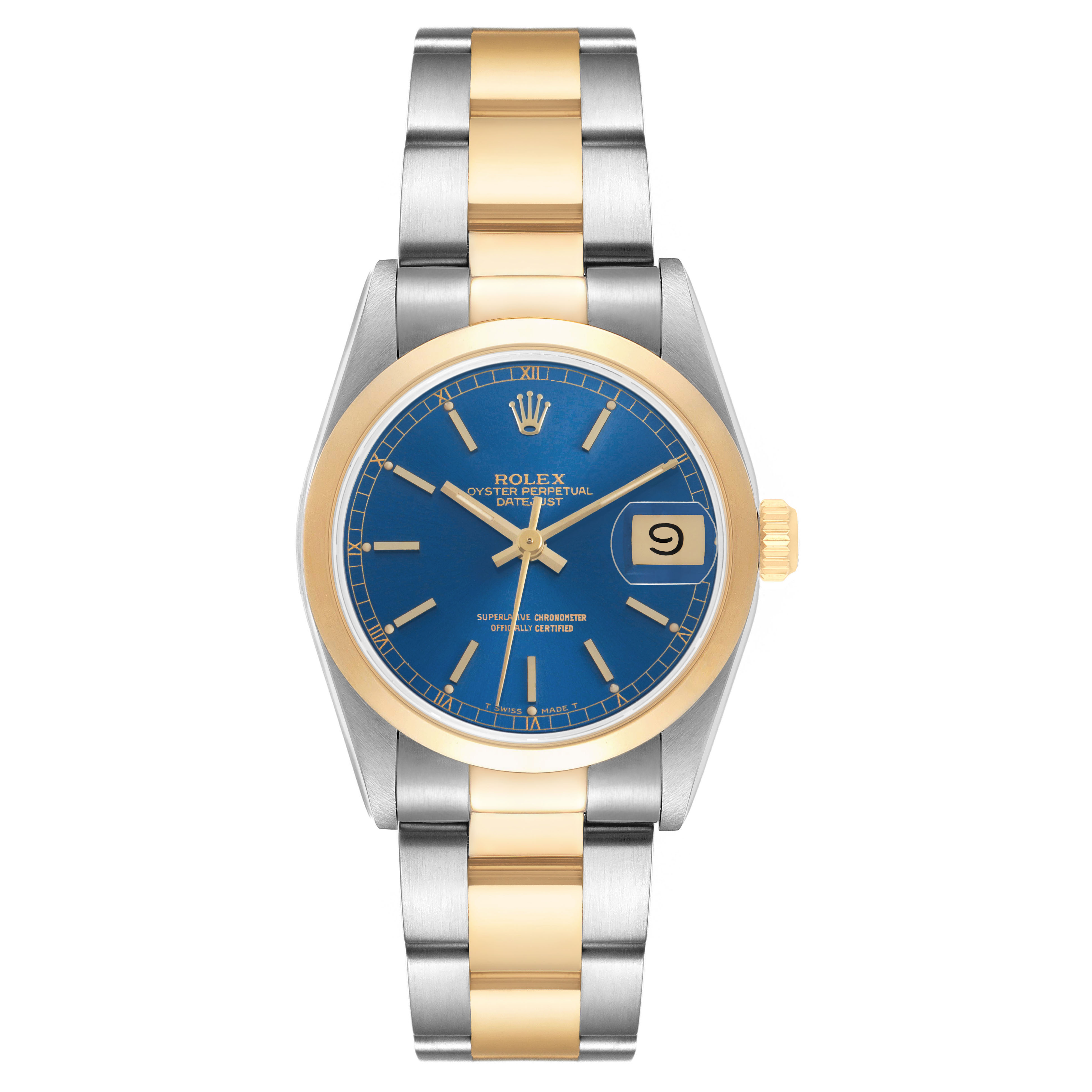 The Rolex Datejust 68243 Women's Steel and Gold (two tone) Blue Dial watch is shown from the front, highlighting the blue dial, gold bezel, and two-tone bracelet.