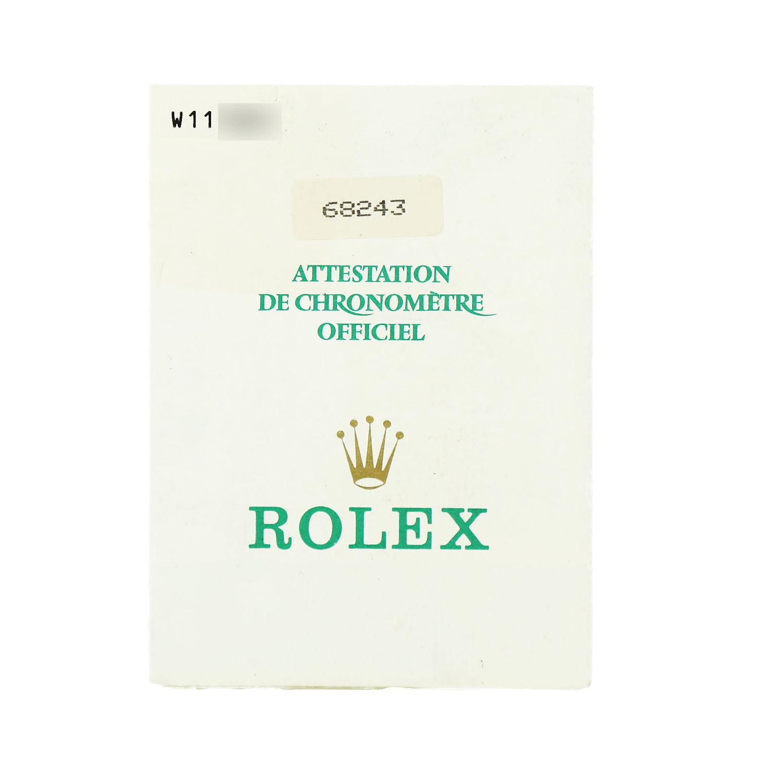 The image shows an official chronometer certification card for the Rolex Datejust 68243 Women's Steel and Gold (two tone) Blue Dial watch model.
